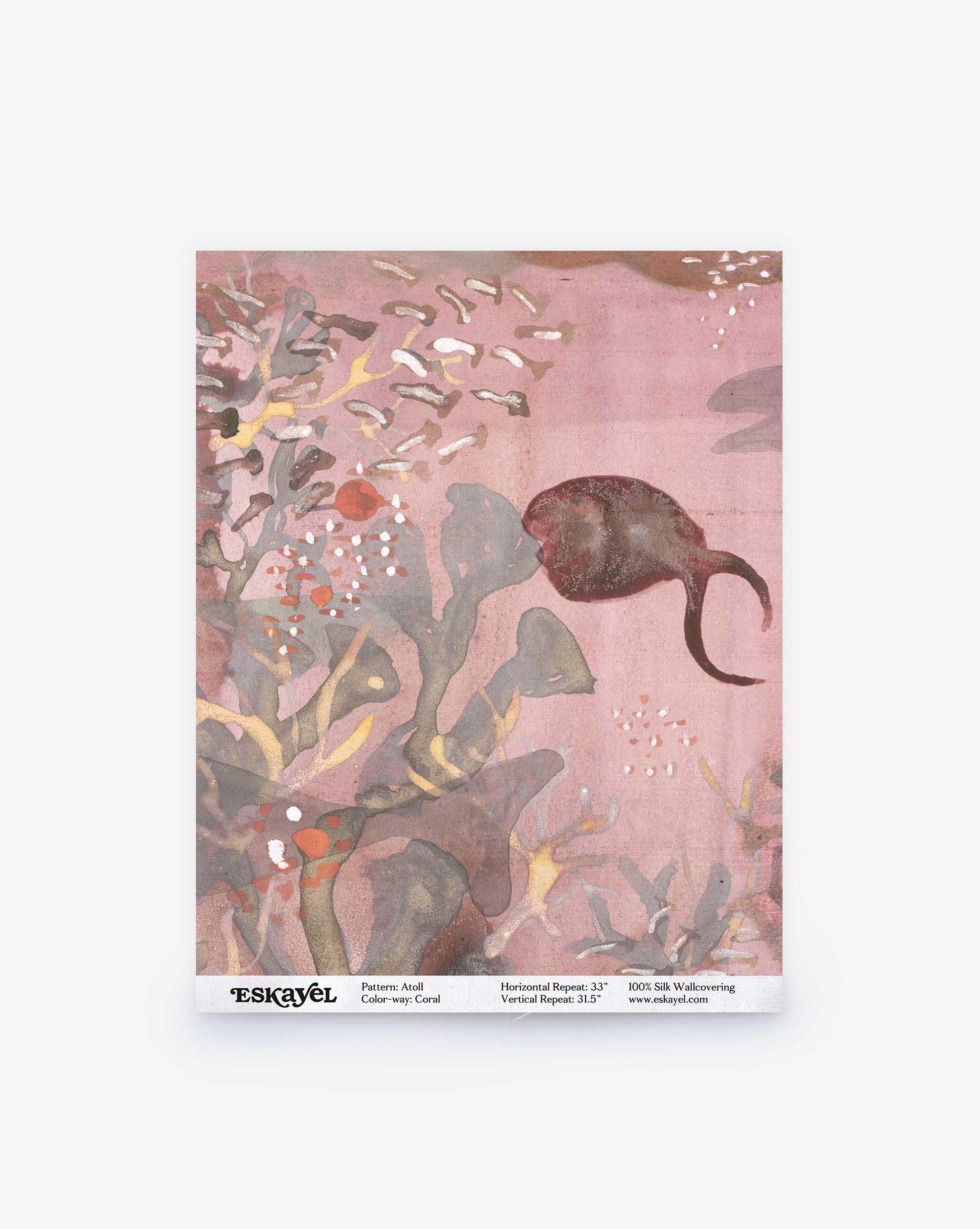 The Atoll Silk Wallcovering swatch in Coral features an illustrated fish and underwater plants using muted colors that evoke a serene coral palette.
