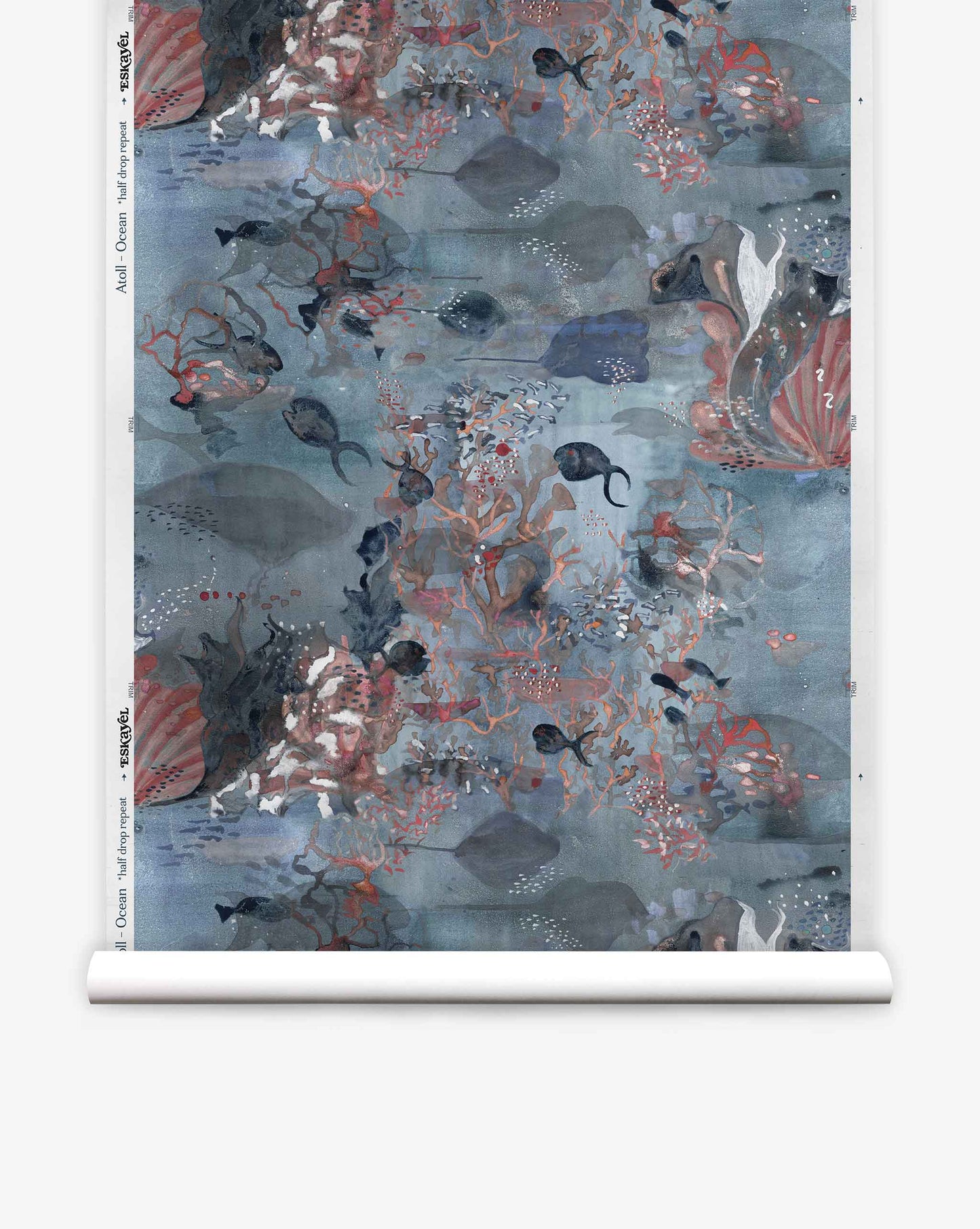 The Atoll Silk Wallcovering in Ocean offers an abstract ocean theme with fish, coral, and seaweed in muted blue and red tones printed on luxurious silk-backed paper, adding elegance to any room.