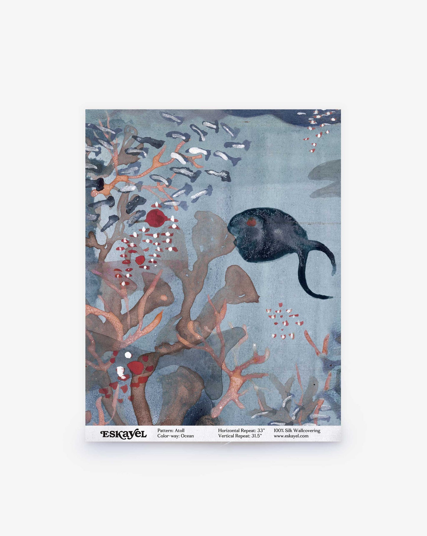 The Atoll Silk Wallcovering swatch in Ocean showcases a tranquil underwater scene with a black fish swimming among coral and aquatic plants.