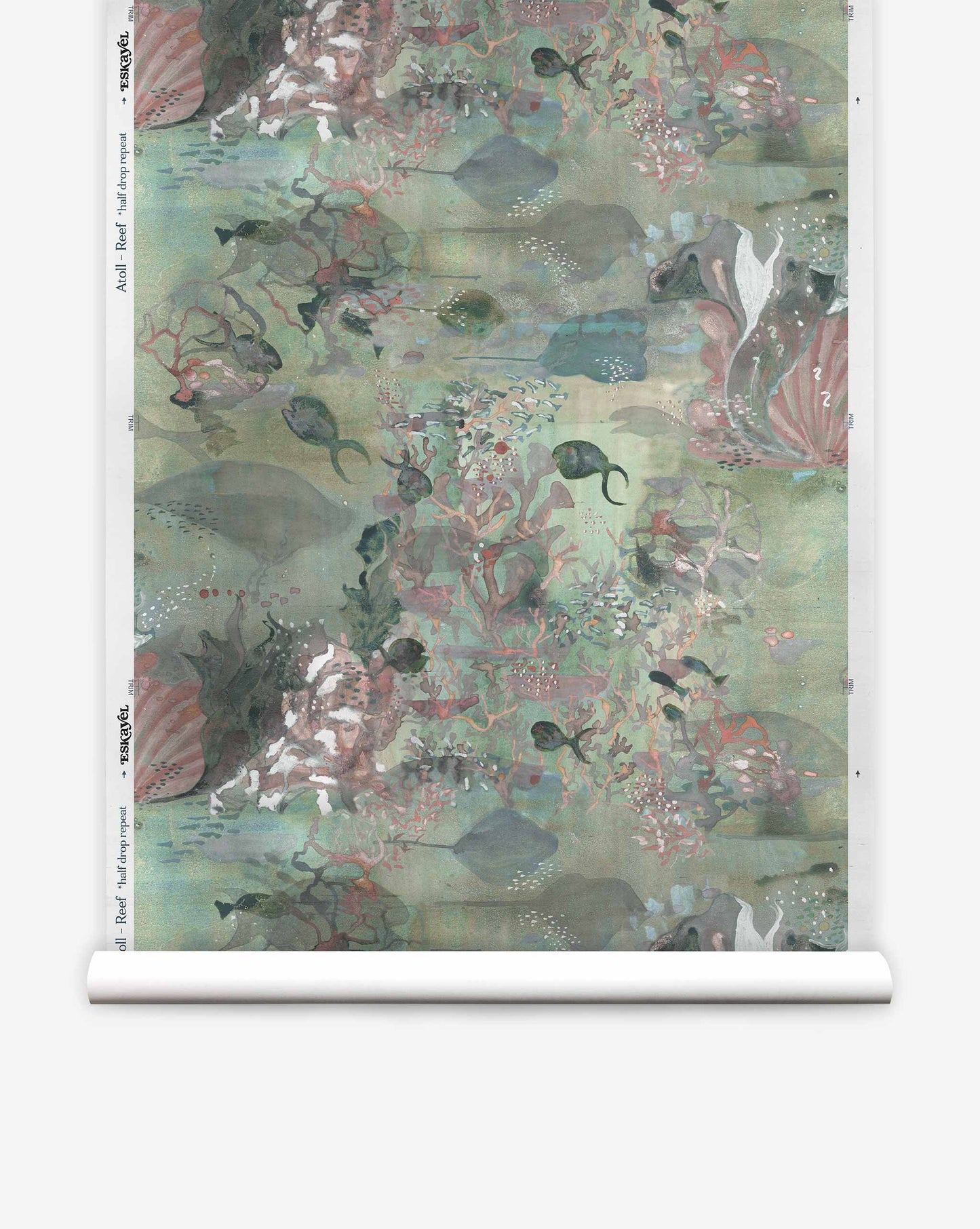 The Atoll Silk Wallcovering in Reef features a snorkeling-inspired, nature-themed design with abstract plants and water elements in muted green, red, and brown hues.