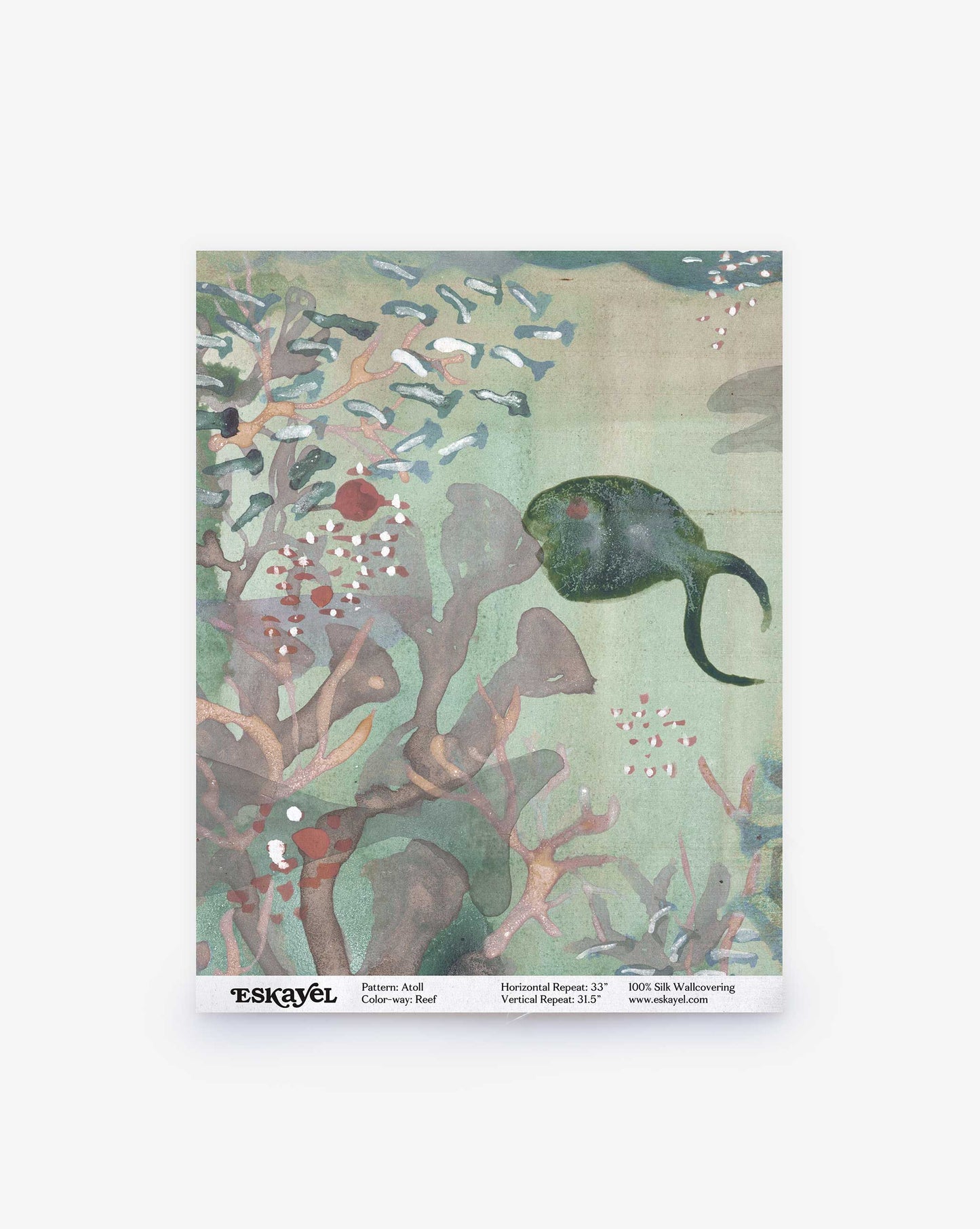 The Atoll Silk Wallcovering swatch in Reef captures an underwater world with a fish among coral structures and aquatic plants, using muted tones of green, red, and beige to convey the serenity of snorkeling.