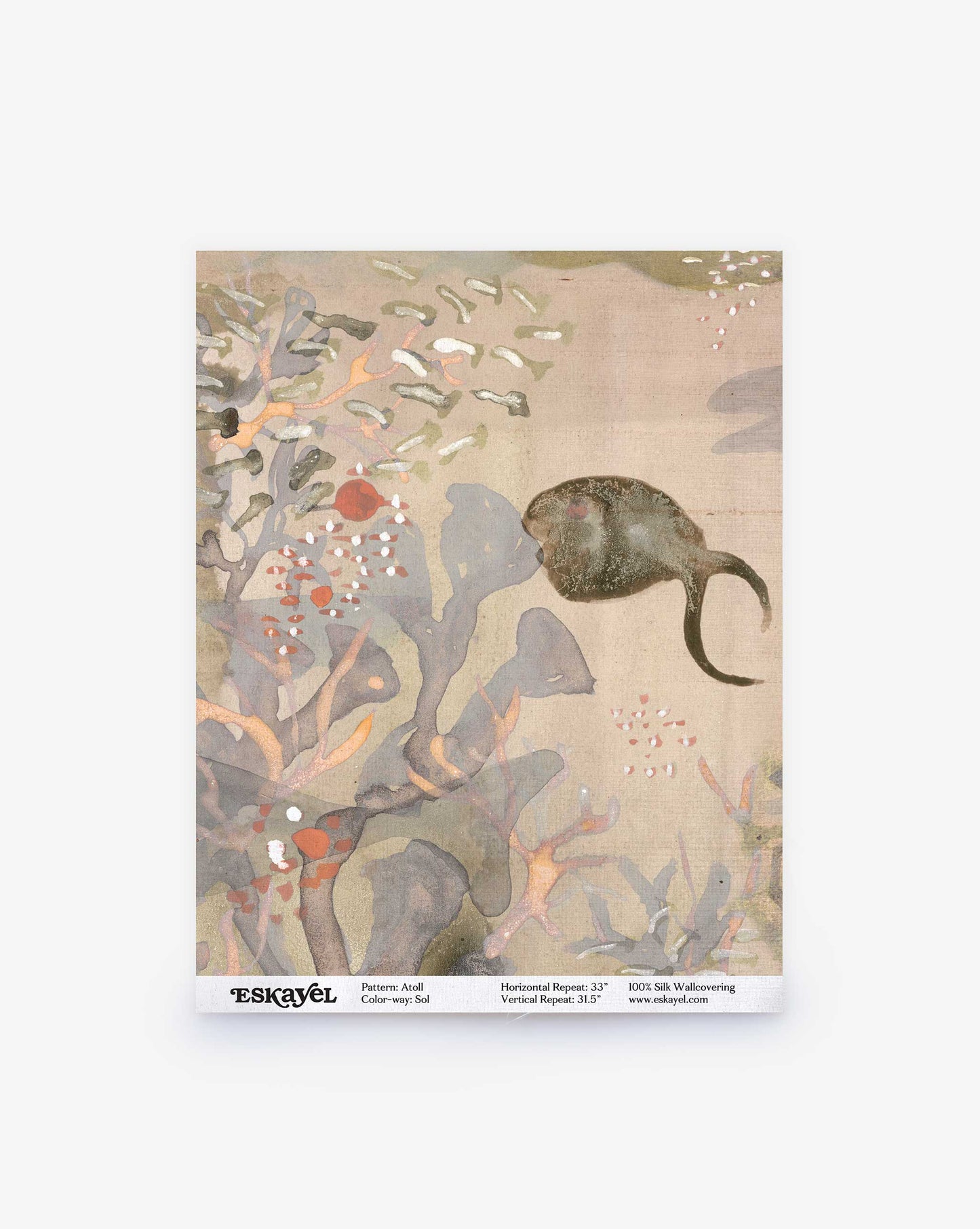 The Atoll Silk Wallcovering swatch in Sol features an artistic print of a fish swimming among abstract underwater plants, evoking serene yellow beige colorway and a tranquil composition.