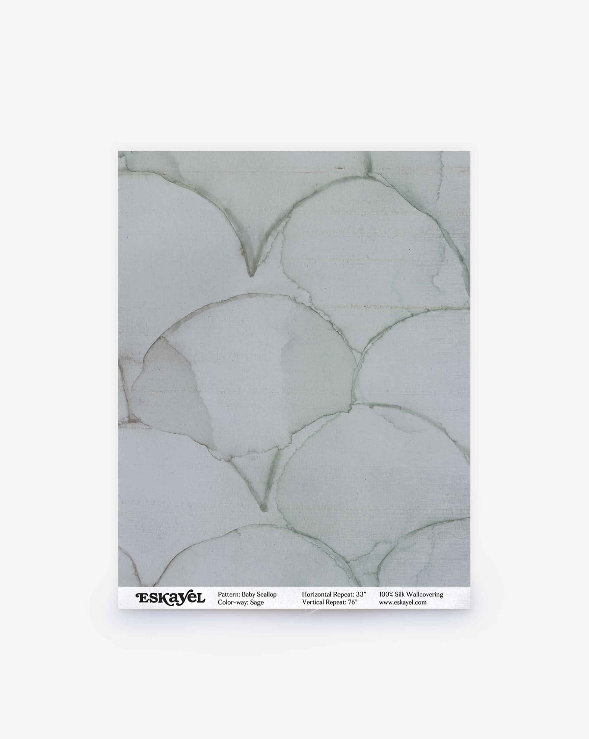Sample of Baby Scallop Silk Sample||Sage wallpaper featuring a sage green, overlapping scalloped pattern.