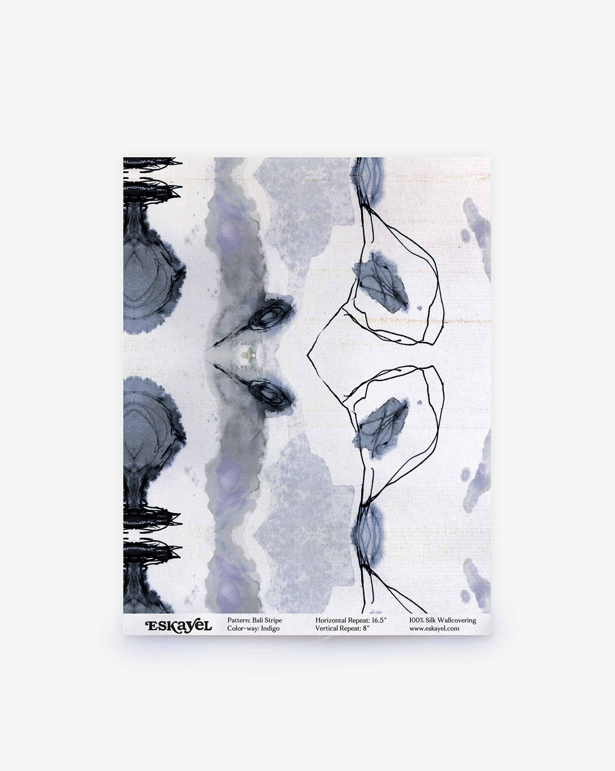 A Bali Stripe Silk Sample in Indigo featuring an abstract, mirrored indigo ink pattern on a pale background with product specifications and an order sample link at the bottom.