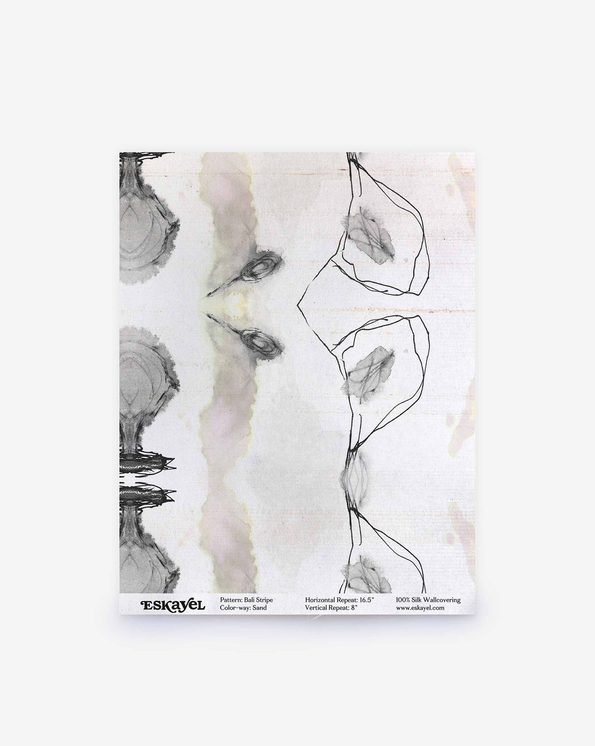 Bali Stripe Silk Sample in Sand: a light neutral wallpaper with abstract, hand-drawn black ink-style shapes and faint vertical watercolor streaks.