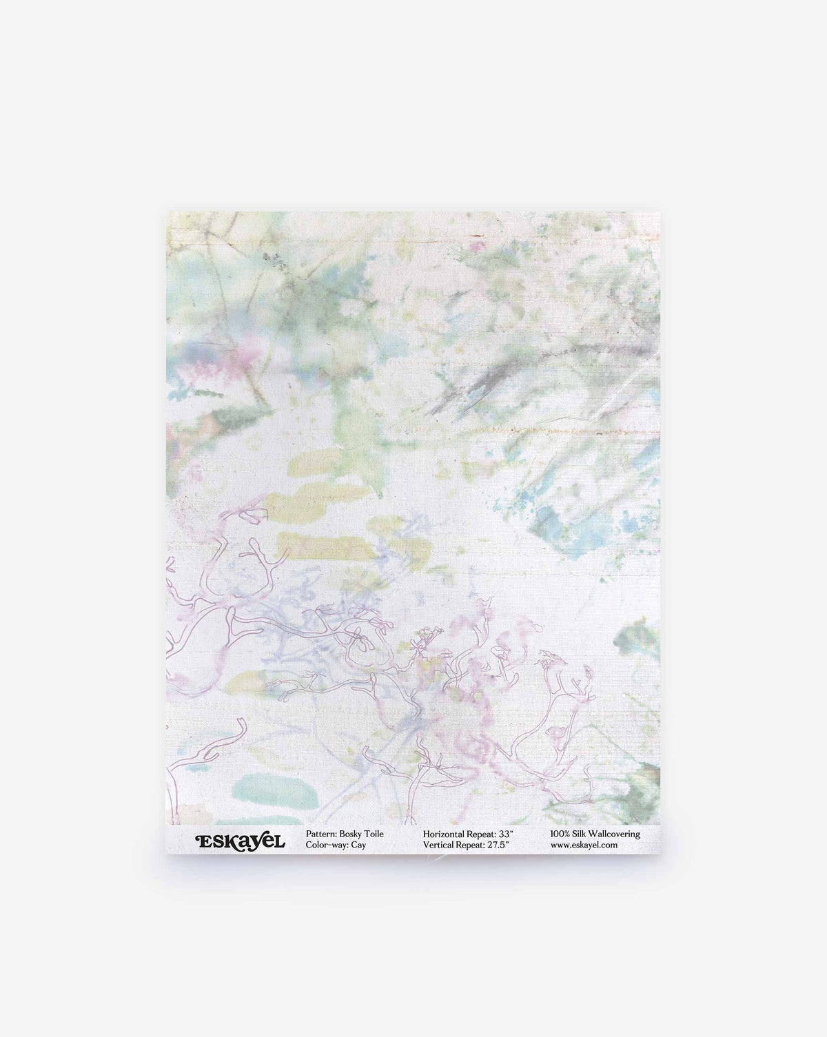Bosky Toile Silk Wallcovering in Cay featuring a luxury abstract, light-colored watercolor pattern with faint purple linear branch motifs.