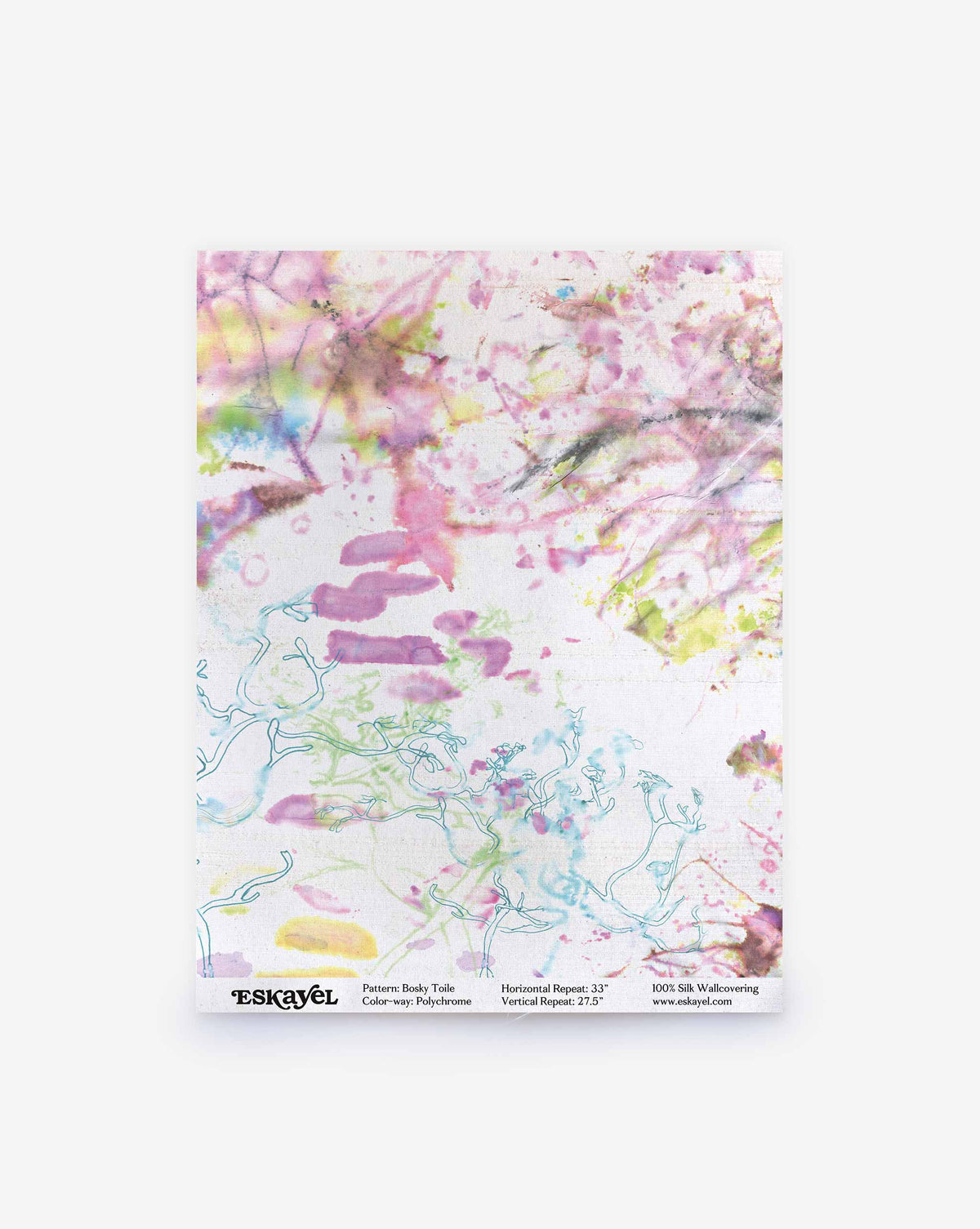 Bosky Toile Silk Sample in Polychrome featuring a multicolored, abstract watercolor pattern with fine line drawings of tree branches.