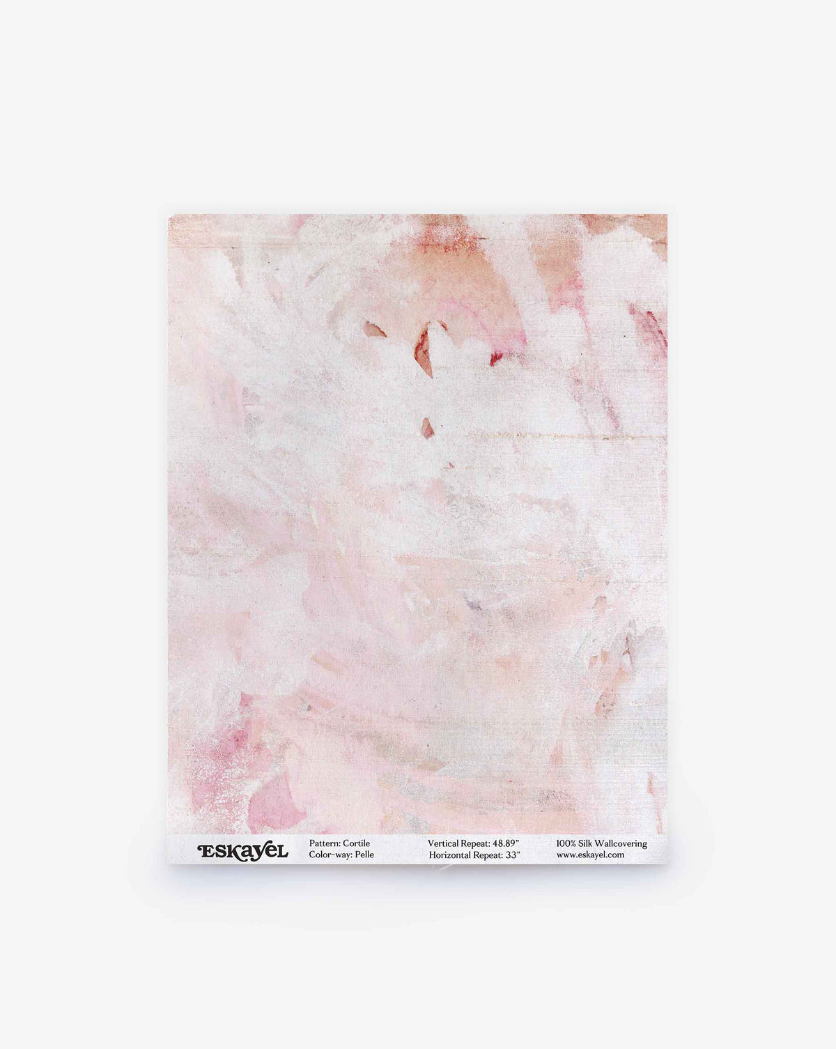 Sample sheet of Cortile Silk Wallcovering||Pelle in a soft pink and white abstract design, reminiscent of a delicate watercolor pattern, with product details printed along the bottom edge.