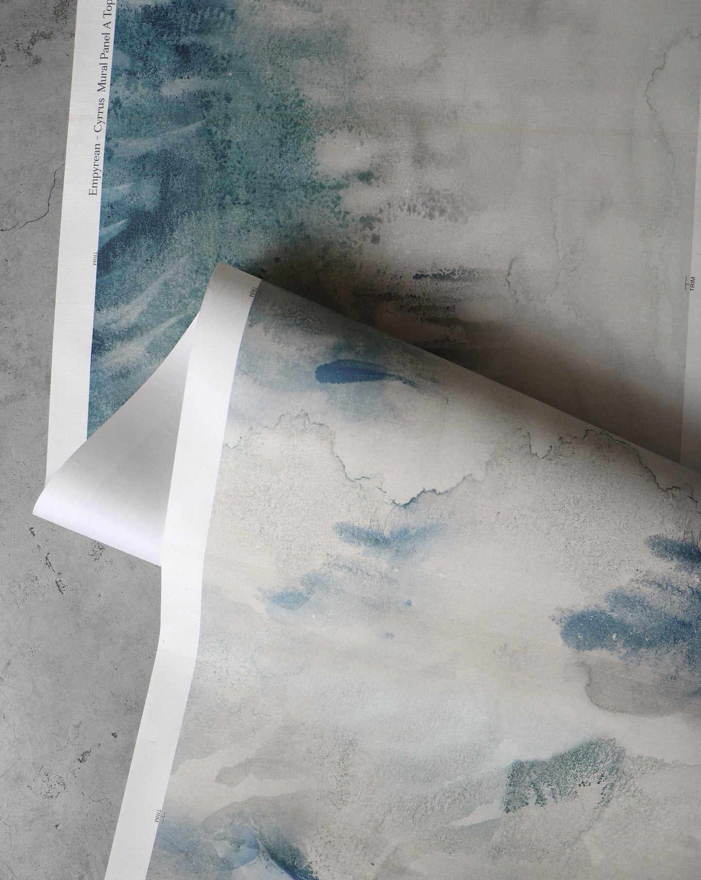 A detailed shot of Eskayel’s Empyrean wallpaper mural in the colorway Cyrrus which has a navy blue palette.