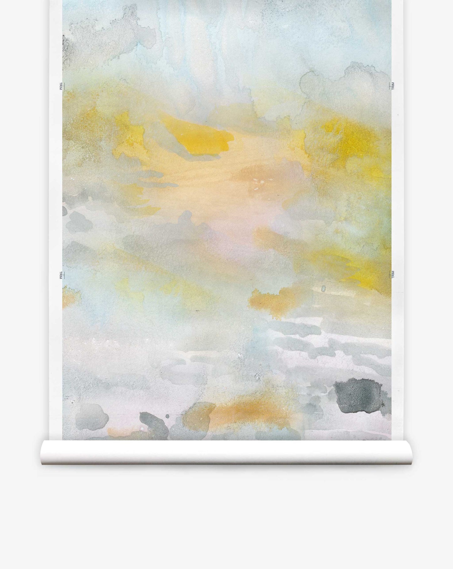 The Empyrean Silk Mural in Dawn features a serene watercolor in yellow, gray, and blue on a white background. The elegant composition displayed on a white scroll creates a harmonious visual experience.