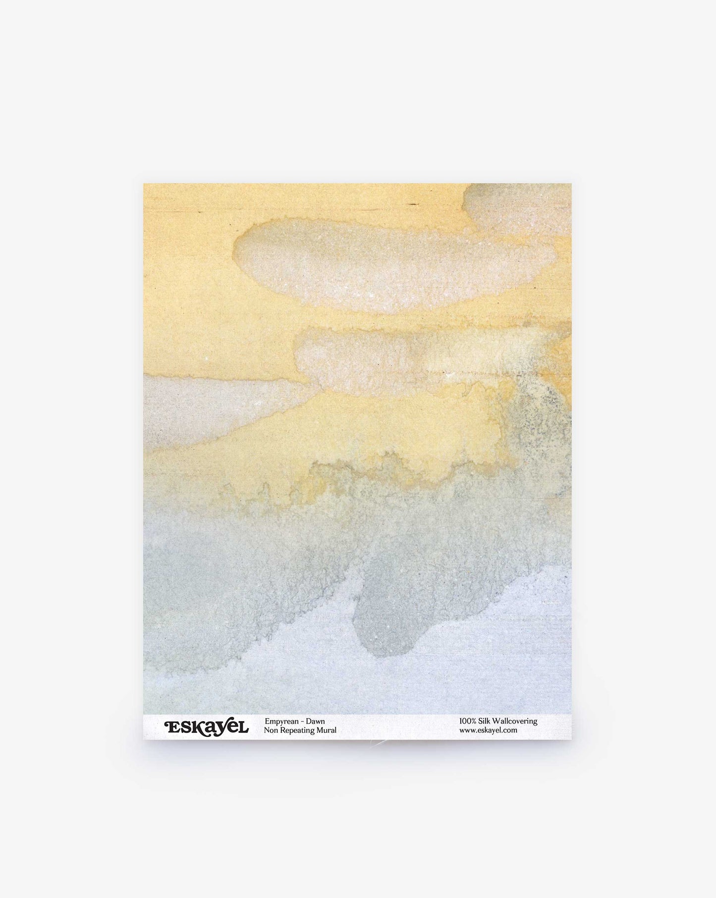 The Empyrean Silk Mural wallcovering sample in Dawn is an abstract watercolor artwork with a multicolor palette of soft yellow, blue, and gray shades seamlessly blending.