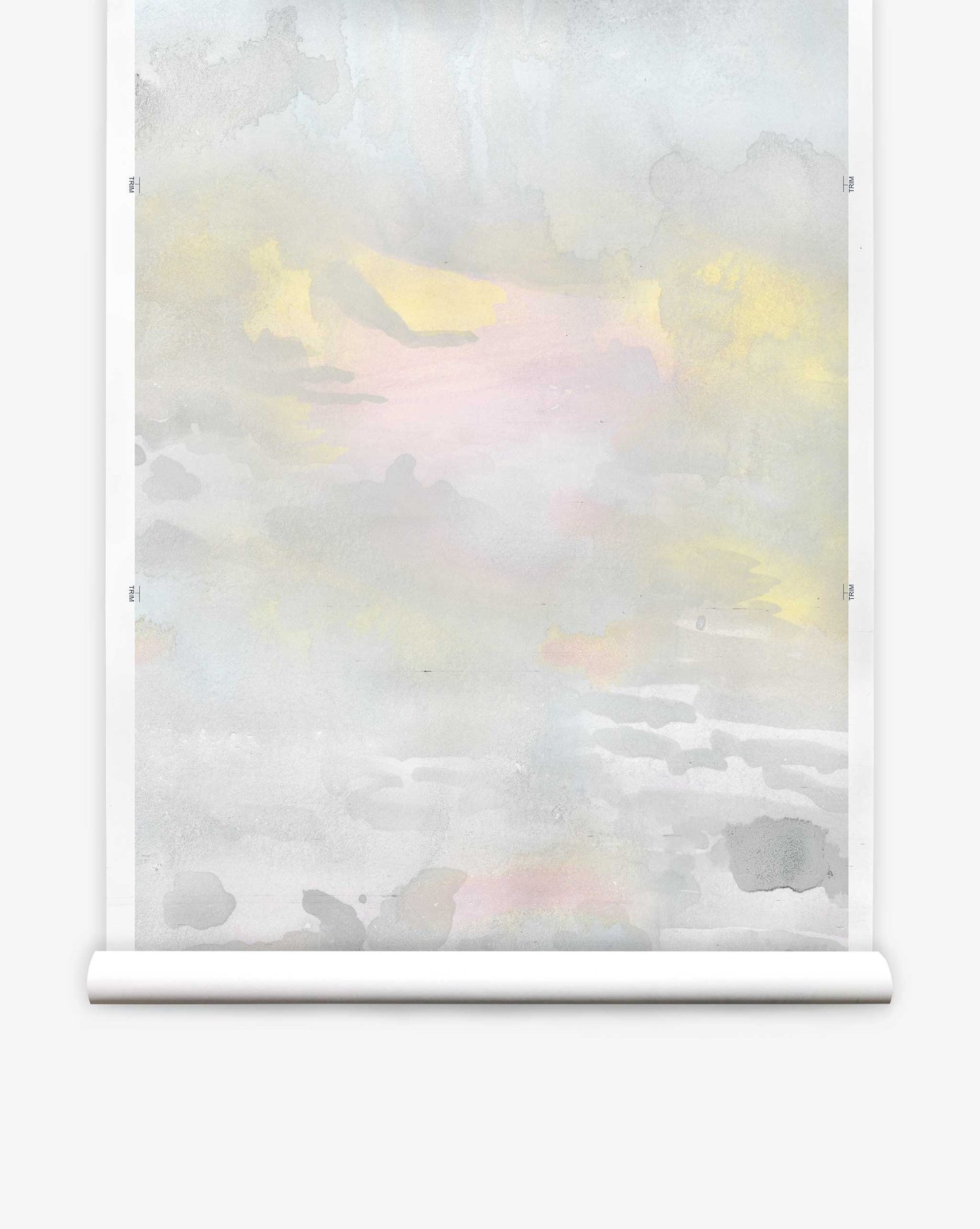 The Empyrean Silk Mural in Dusk features abstract watercolor designs in pastel yellow, pink, and gray hues, resembling a soft cloudy sky. Its serene Maldivian pattern brings tranquility to any space.