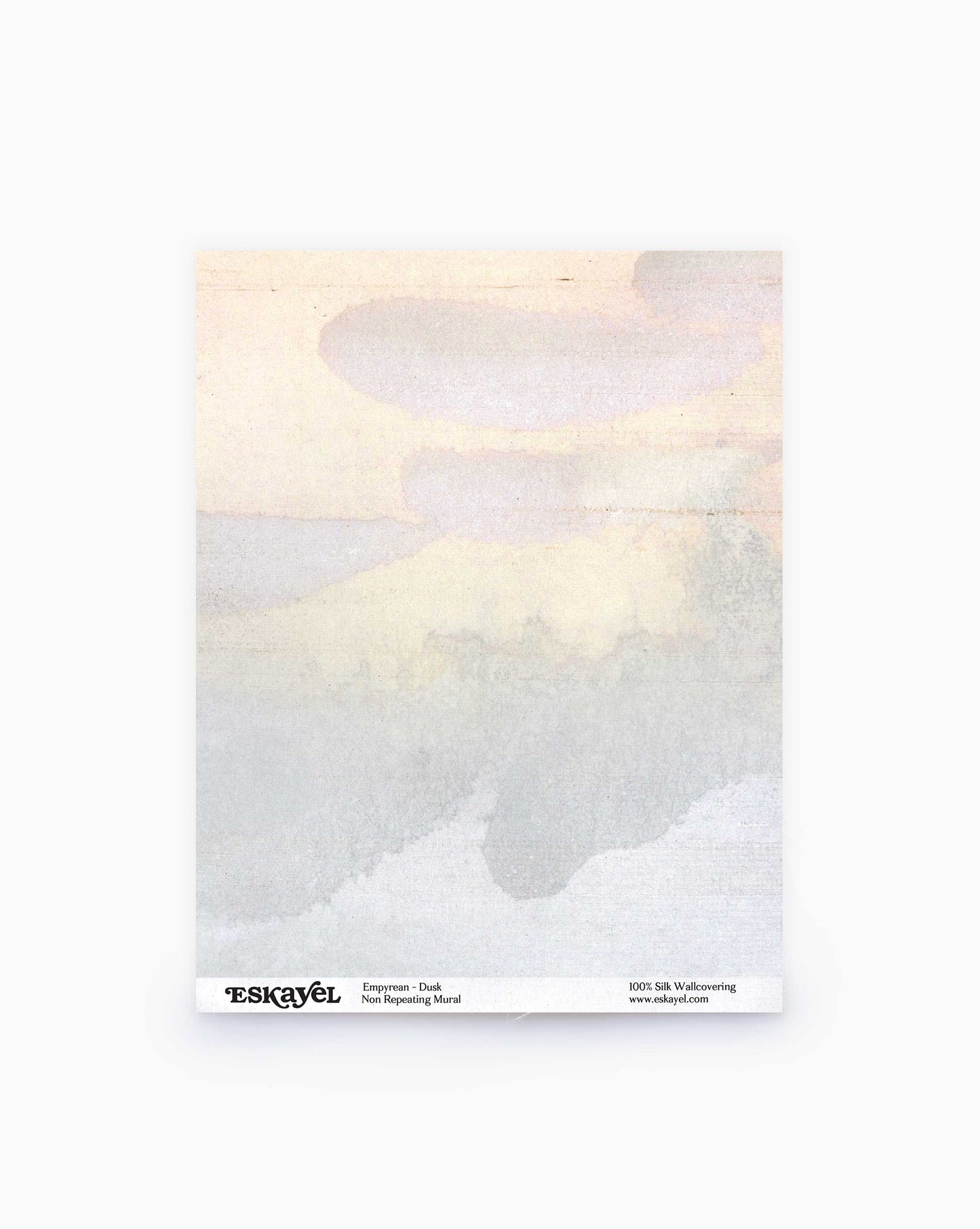 The Empyrean Silk Mural wallcovering sample in Dusk is an abstract artwork with soft, blended colors of blue, green, and beige creates a misty watercolor landscape effect.