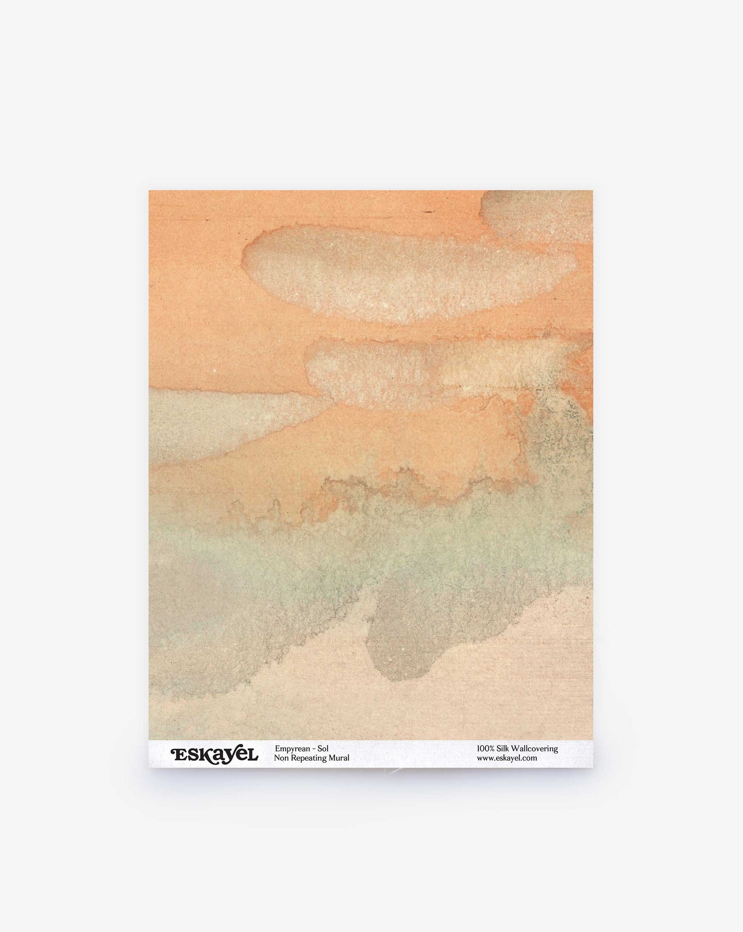 The Empyrean Silk Mural wallcovering Sample in Sol features abstract watercolor art with warm orange and greenish hues that blend seamlessly across the canvas, inviting tranquil contemplation through its harmonious order.