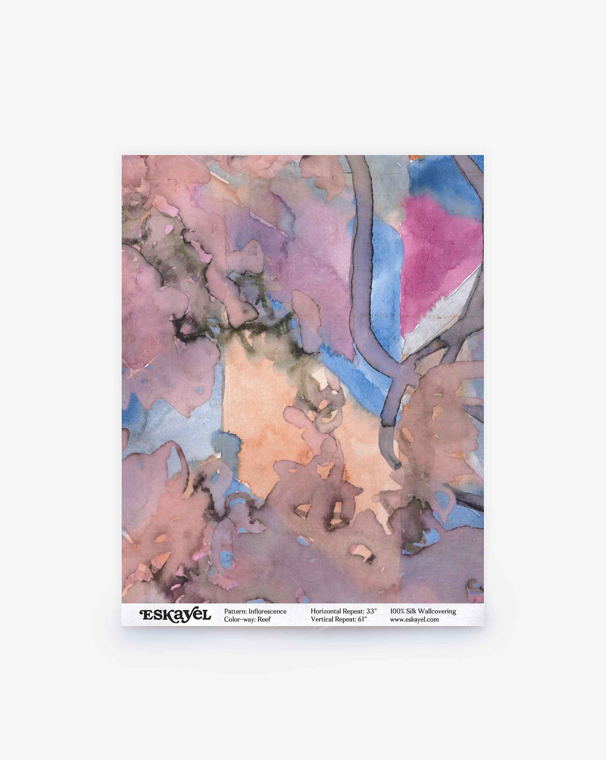 Inflorescence Silk Wallcovering in Reef, an abstract watercolor wallpaper pattern featuring overlapping floral shapes in shades of dusty rose, blue, and violet.