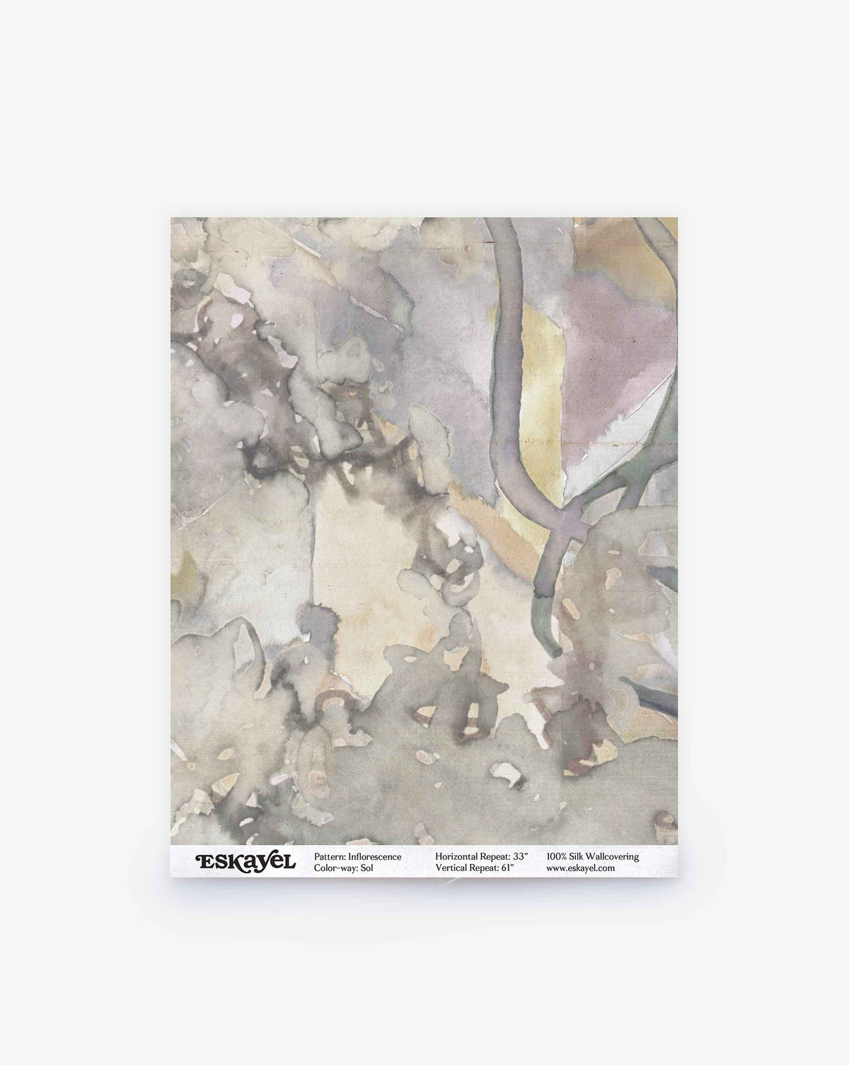 Inflorescence Silk Wallcovering in Sol features an abstract watercolor design in shades of grey, tan, and soft yellow.