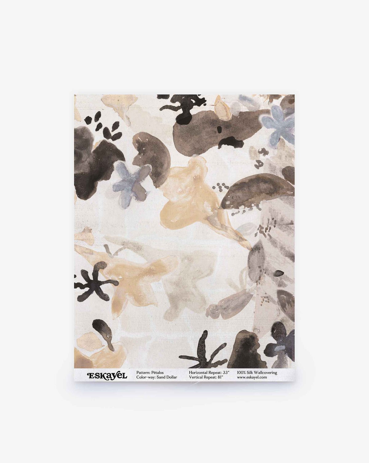 A swatch of Eskayel’s Pétalos 100% paper backed silk wallpaper in Sand Dollar – a neutral colorway of pearl, cream, and oyster tones.