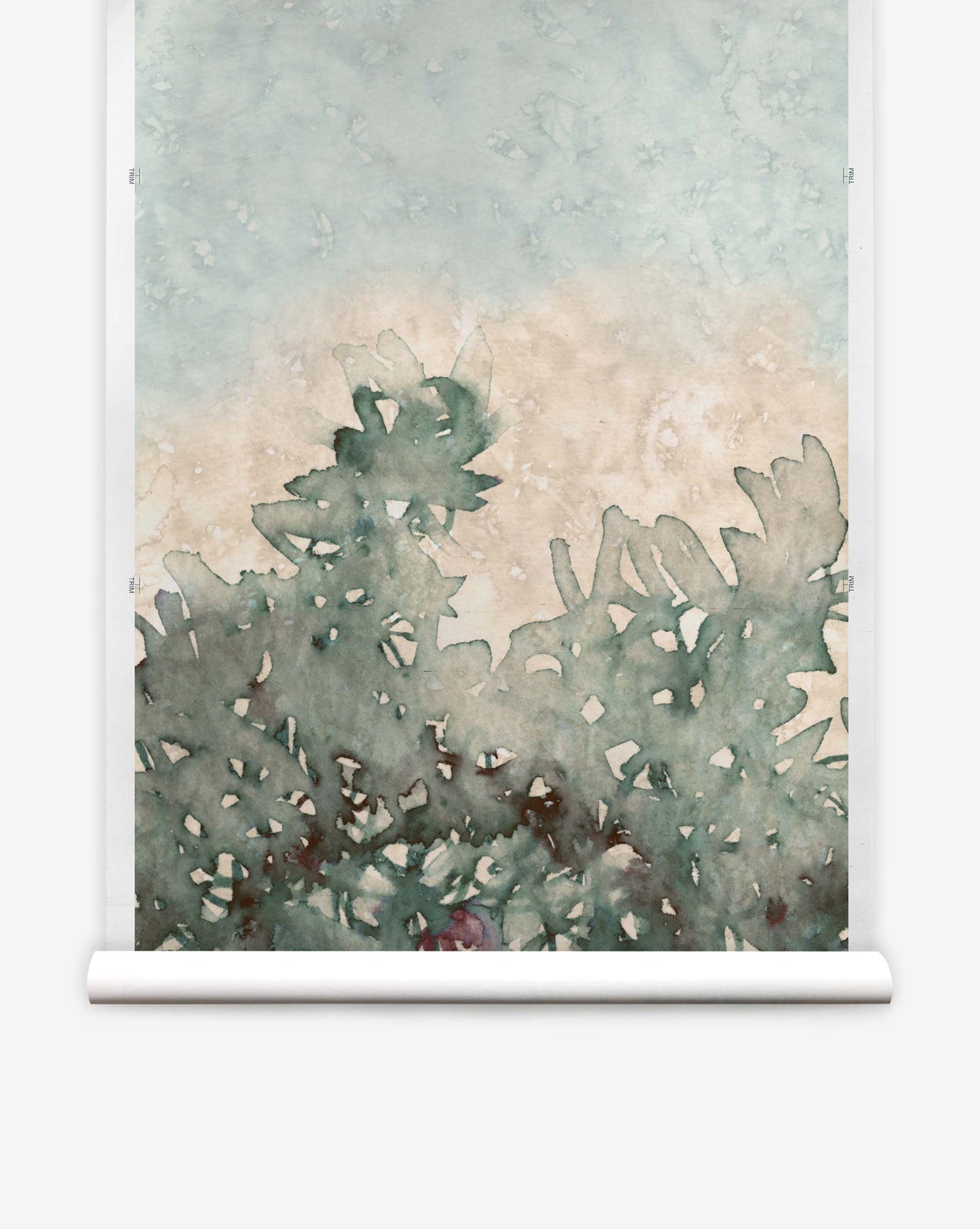 A watercolor painting from the Prospect Silk Wallcovering collection, Verde design, showcasing lush foliage in front of a light blue and beige sky.