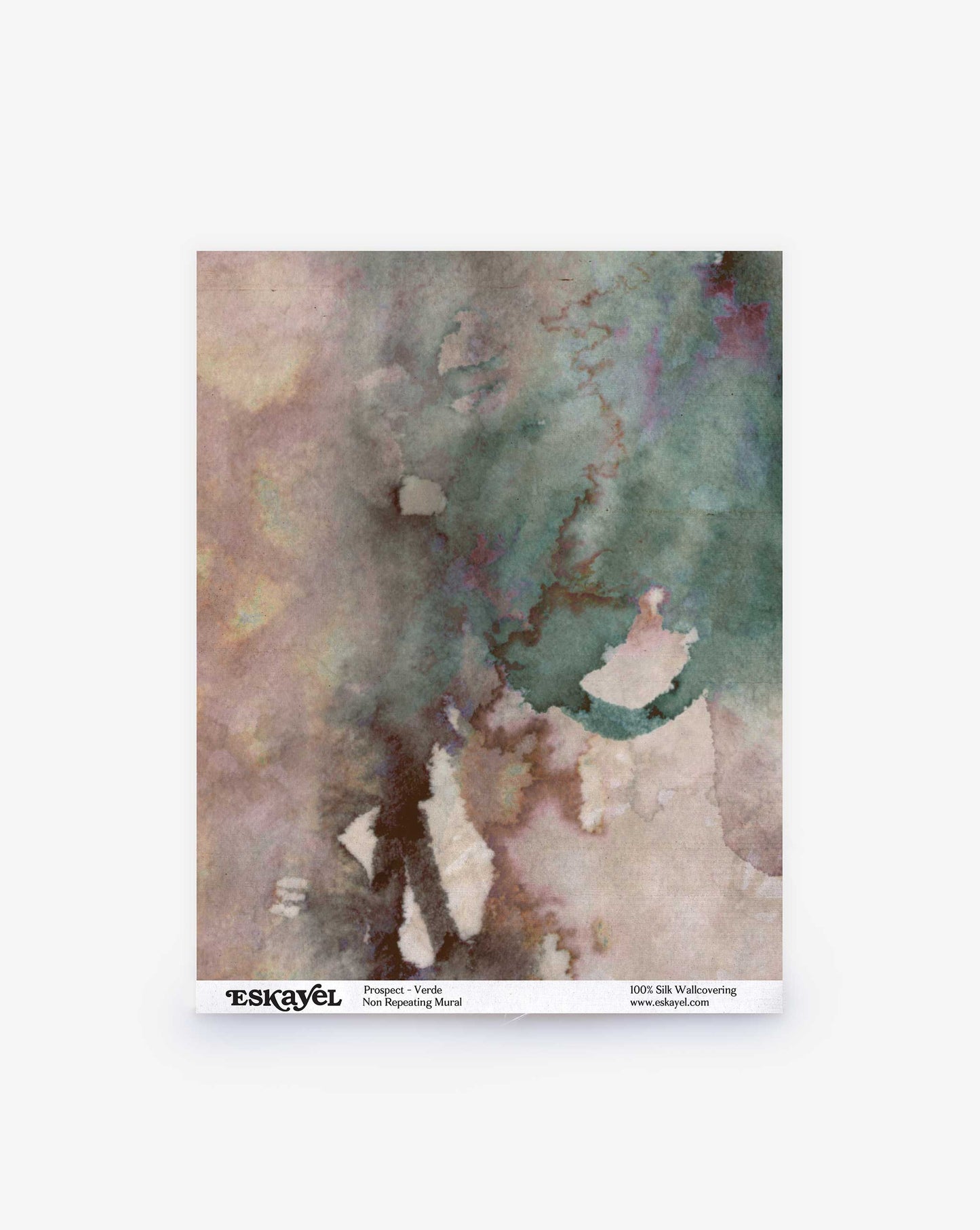 The Prospect Silk Wallcovering in Verde features abstract watercolor designs with green, brown, and beige shades. Its stratus-inspired textures and irregular shapes bring an elegant touch to any space.