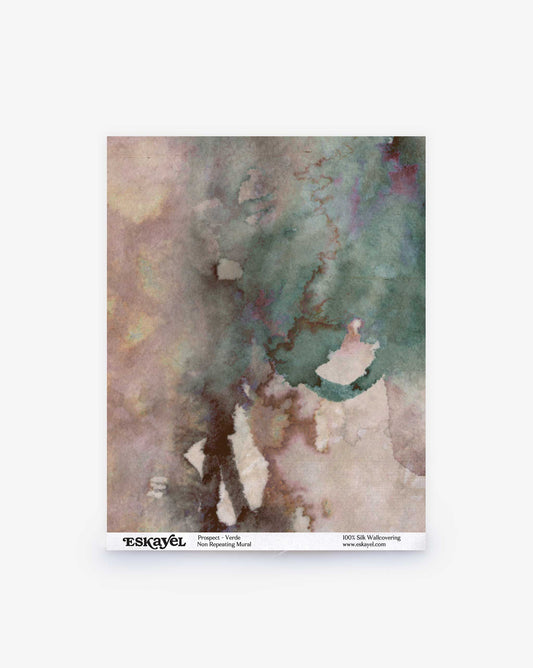 The Prospect Silk Wallcovering in Verde features abstract watercolor designs with green, brown, and beige shades. Its stratus-inspired textures and irregular shapes bring an elegant touch to any space.