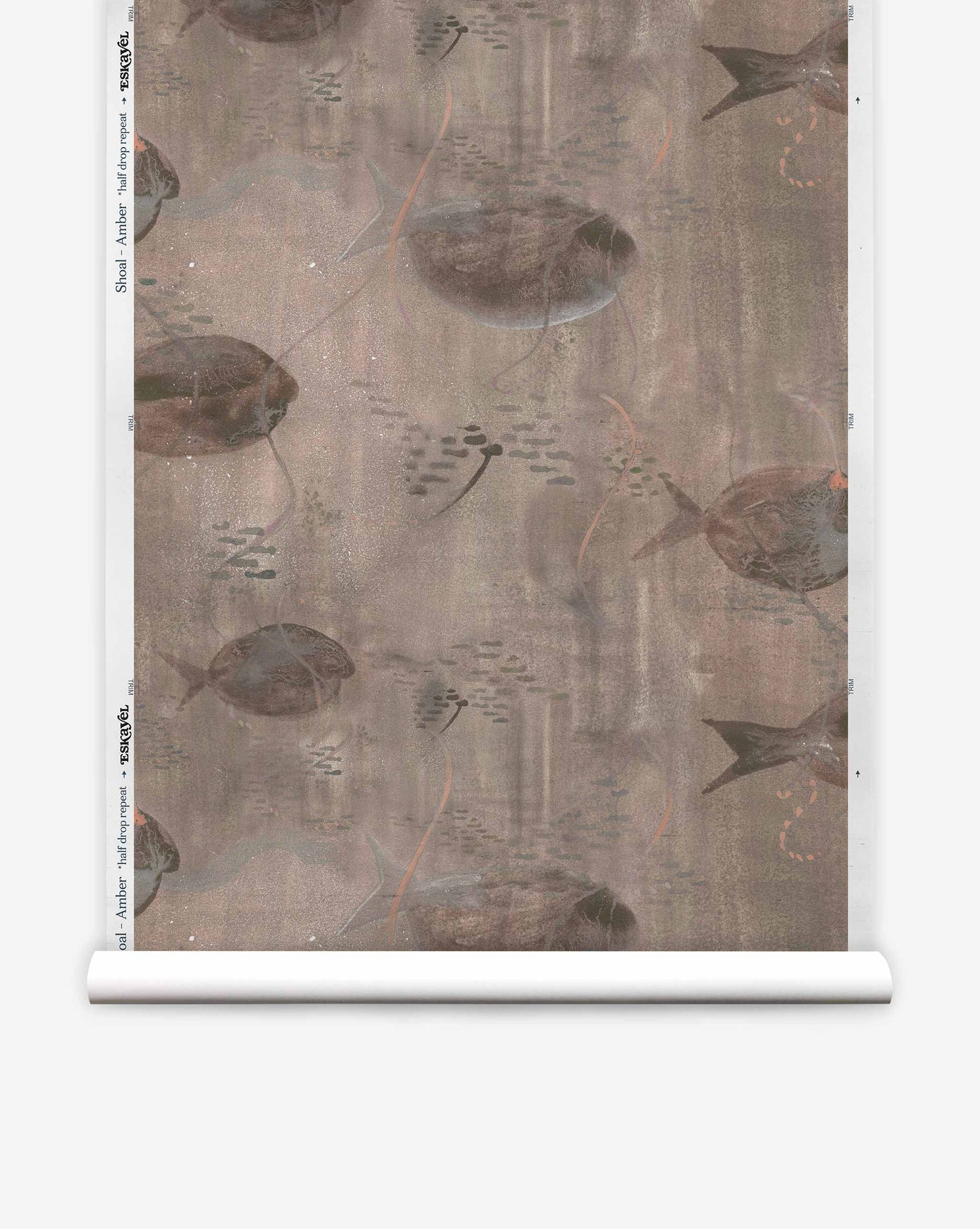 The Shoal Silk Wallcovering in Amber showcases a watercolor design of realistic tropical fish and aquatic elements against a textured brown background.