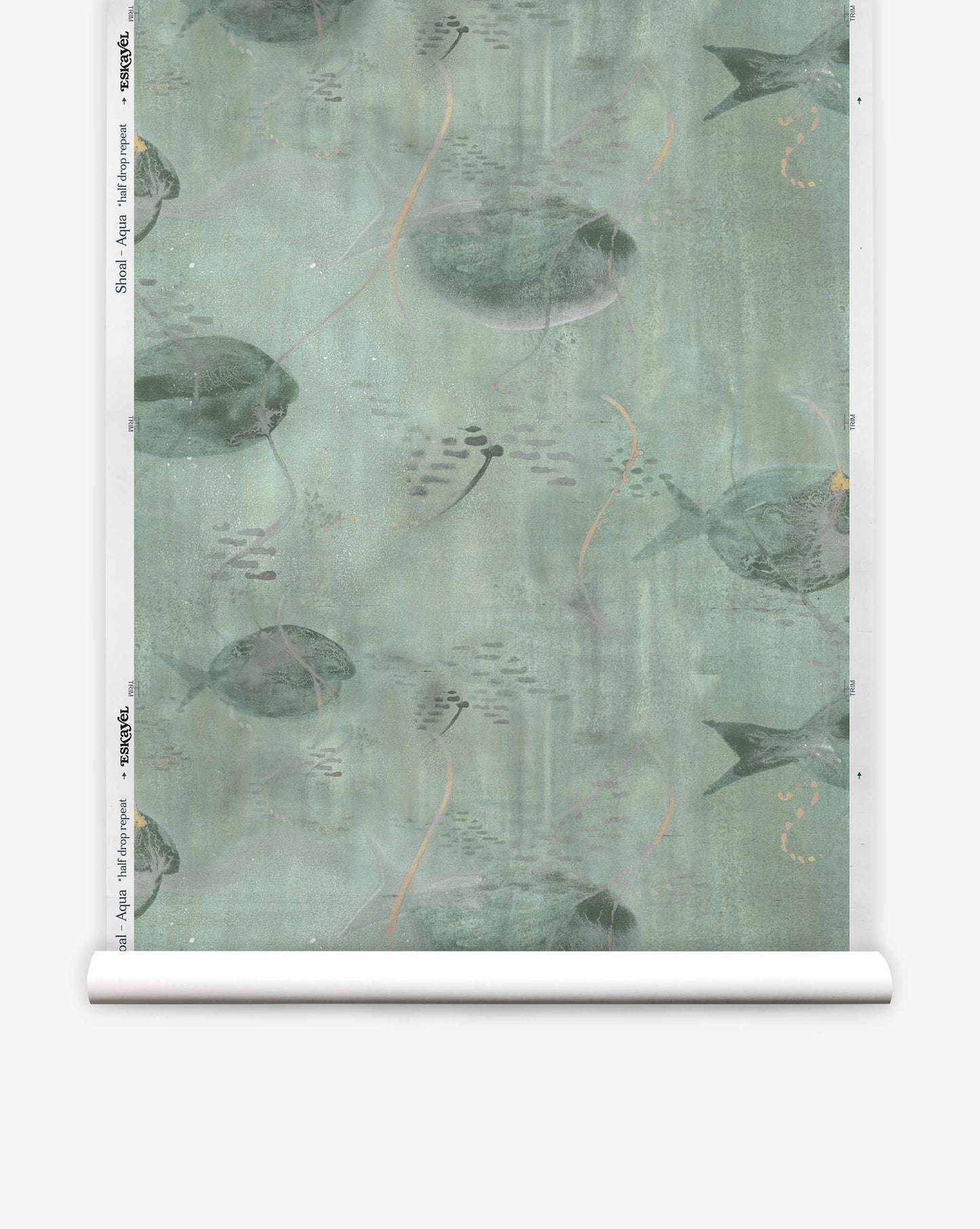 Explore the tropical design of Shoal Silk Wallcovering—Aqua. Fishes glide over a muted green backdrop with watercolor-inspired patterns, blending subtle abstract details and decorative elements for a serene yet vibrant atmosphere.