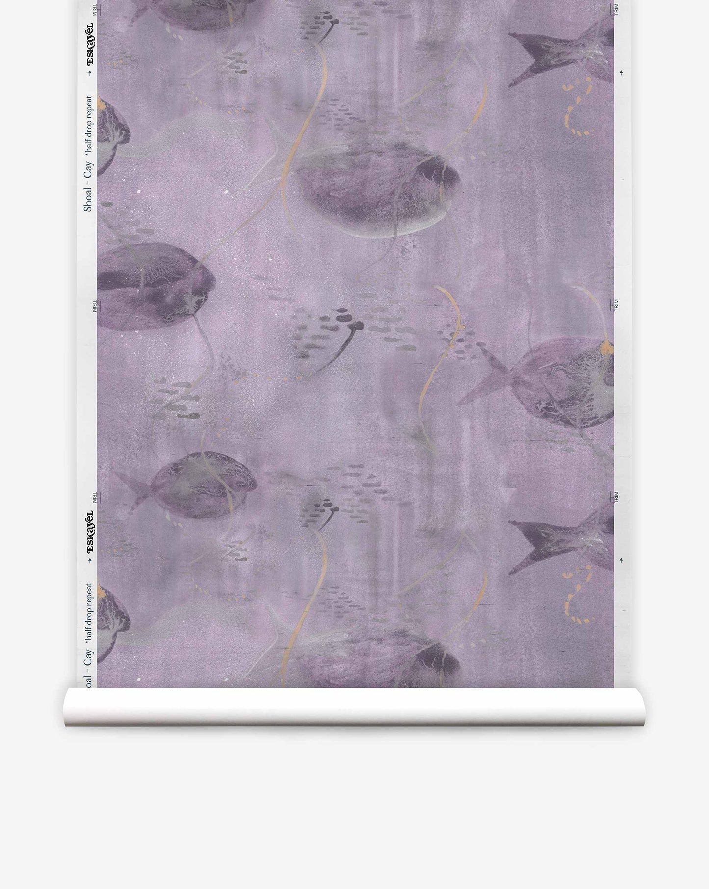 The Shoal Silk Wallcovering in the Cay colorway features a serene fish design against a muted purple backdrop.