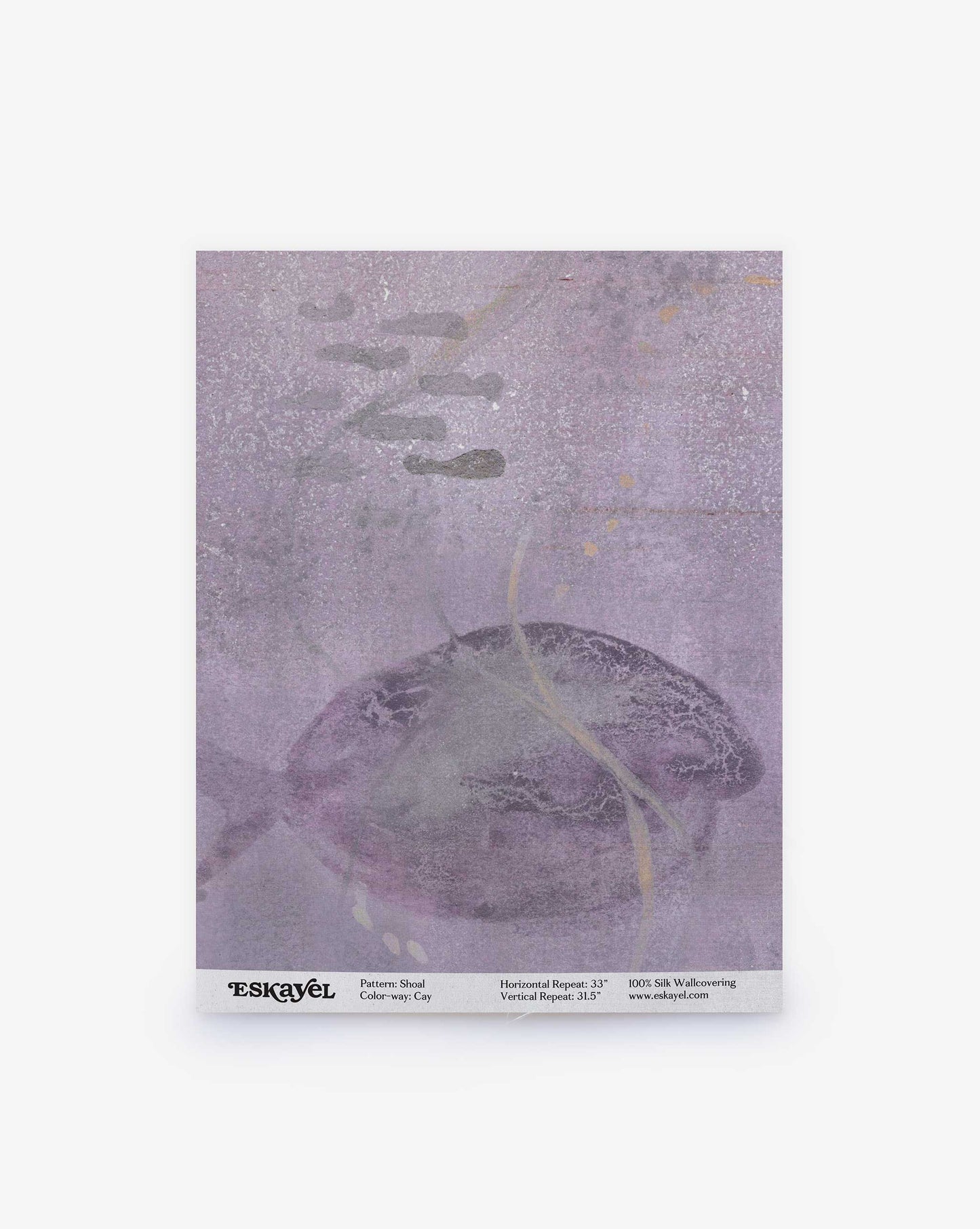 A swatch of Eskayel’s Shoal pattern on paper backed silk wallpaper in the colorway Cay with its purple hues.