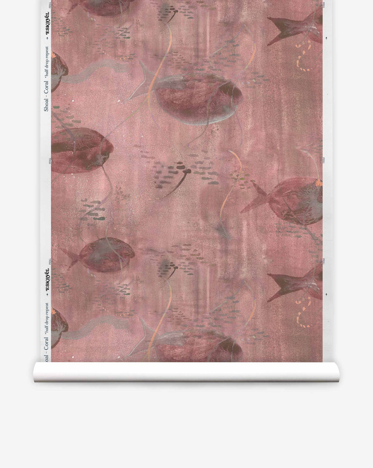 Shoal Silk Wallcovering in Coral showcases a vibrant shoal pattern of tropical fish swimming against a textured backdrop.