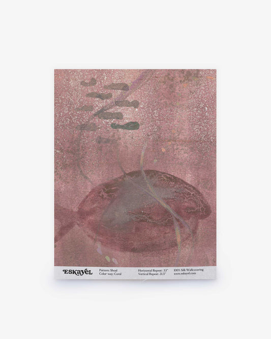 A swatch of Eskayel’s Shoal pattern on paper backed silk wallpaper in the colorway Coral with its red hues.