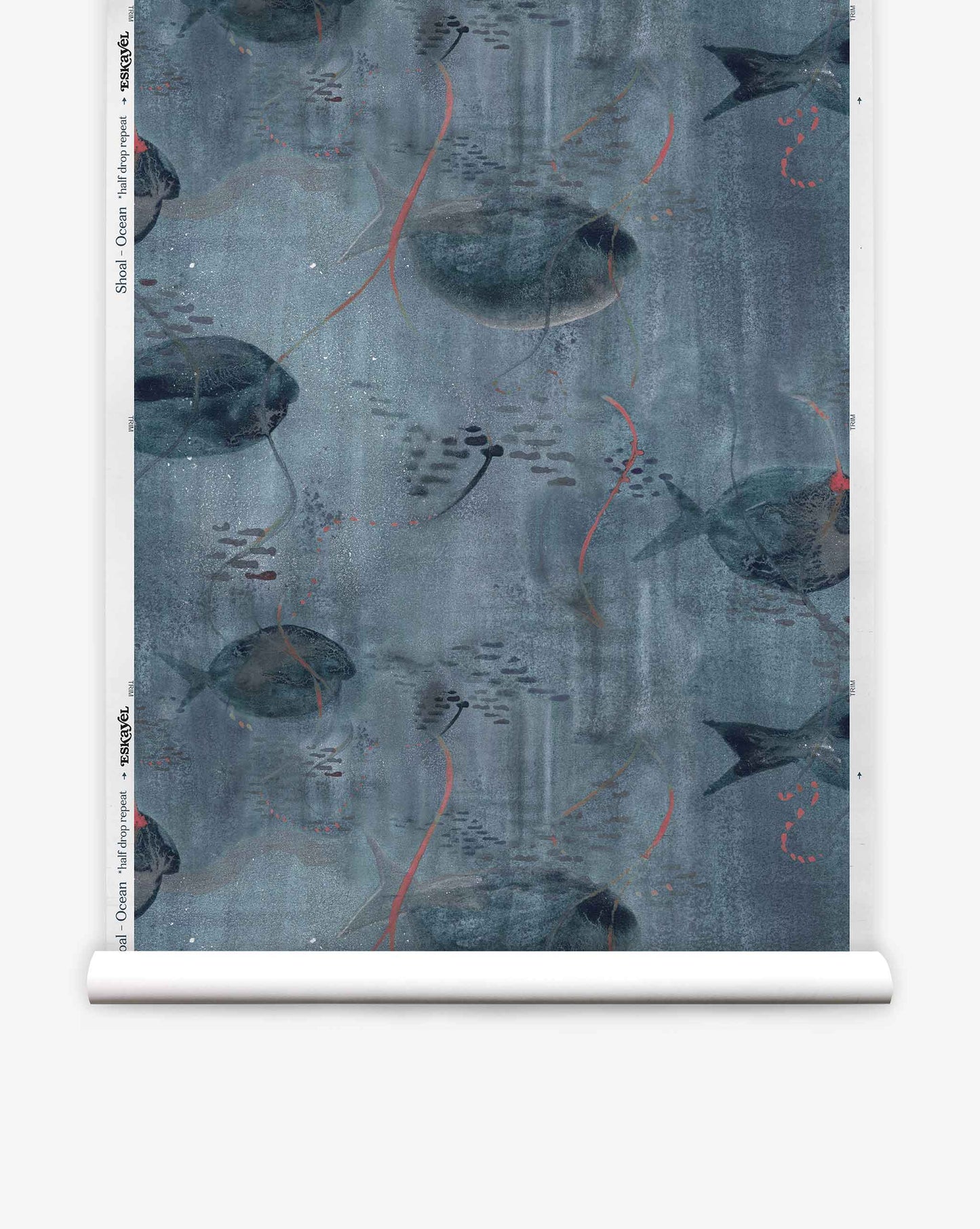 The Shoal Silk Wallcovering in Ocean, made from 100% silk, features a serene pattern of fish swimming among small fish against a tranquil watery backdrop, adding depth to any space.