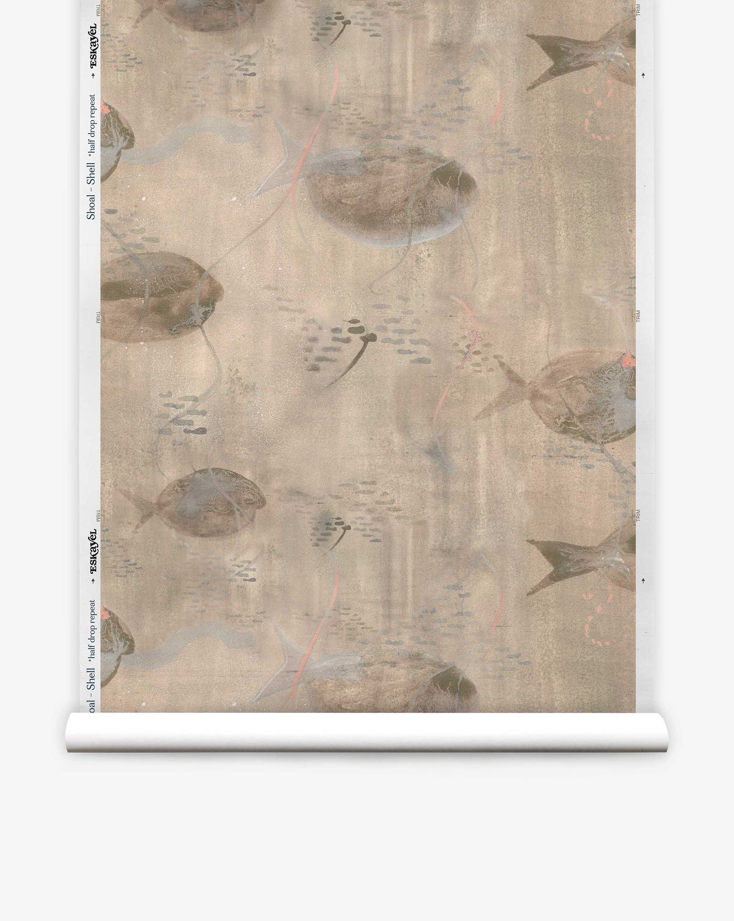 The Shoal Silk Wallcovering in Shell offers a luxurious wallpaper roll with a tropical fish pattern and aquatic elements on a beige background, featuring a subtle watercolor style.