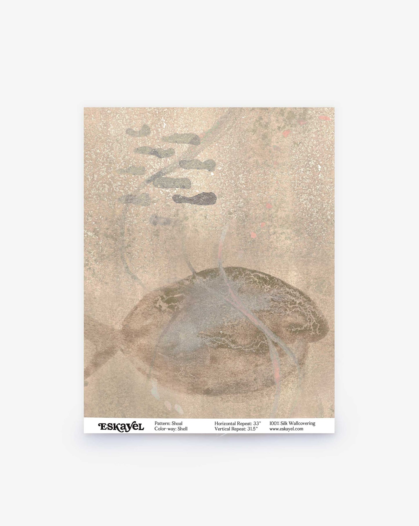 The Shoal Silk Wallcovering swatch in Shell features an abstract, textured muted brown shape on a light beige background with subtle gray and pink accents, evoking images of tropical fish.