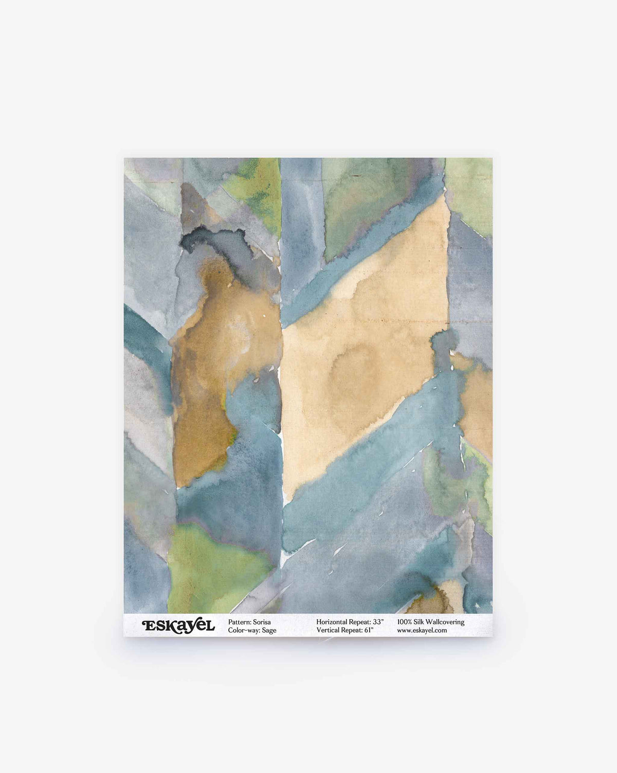 Sorisa Silk Wallcovering in Sage featuring an abstract watercolor chevron pattern in green, blue, and tan geometric shapes.