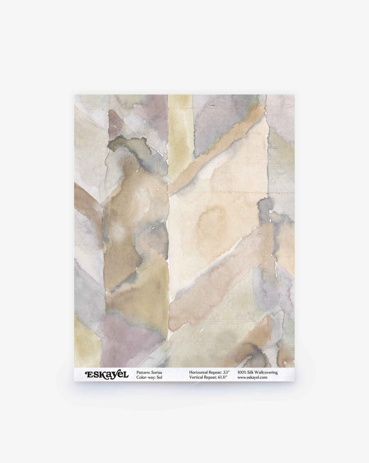 Abstract watercolor in beige, gray, and taupe on a sample card with chevron details—ideal for custom Sorisa Silk Wallcovering||Sol wallpaper.