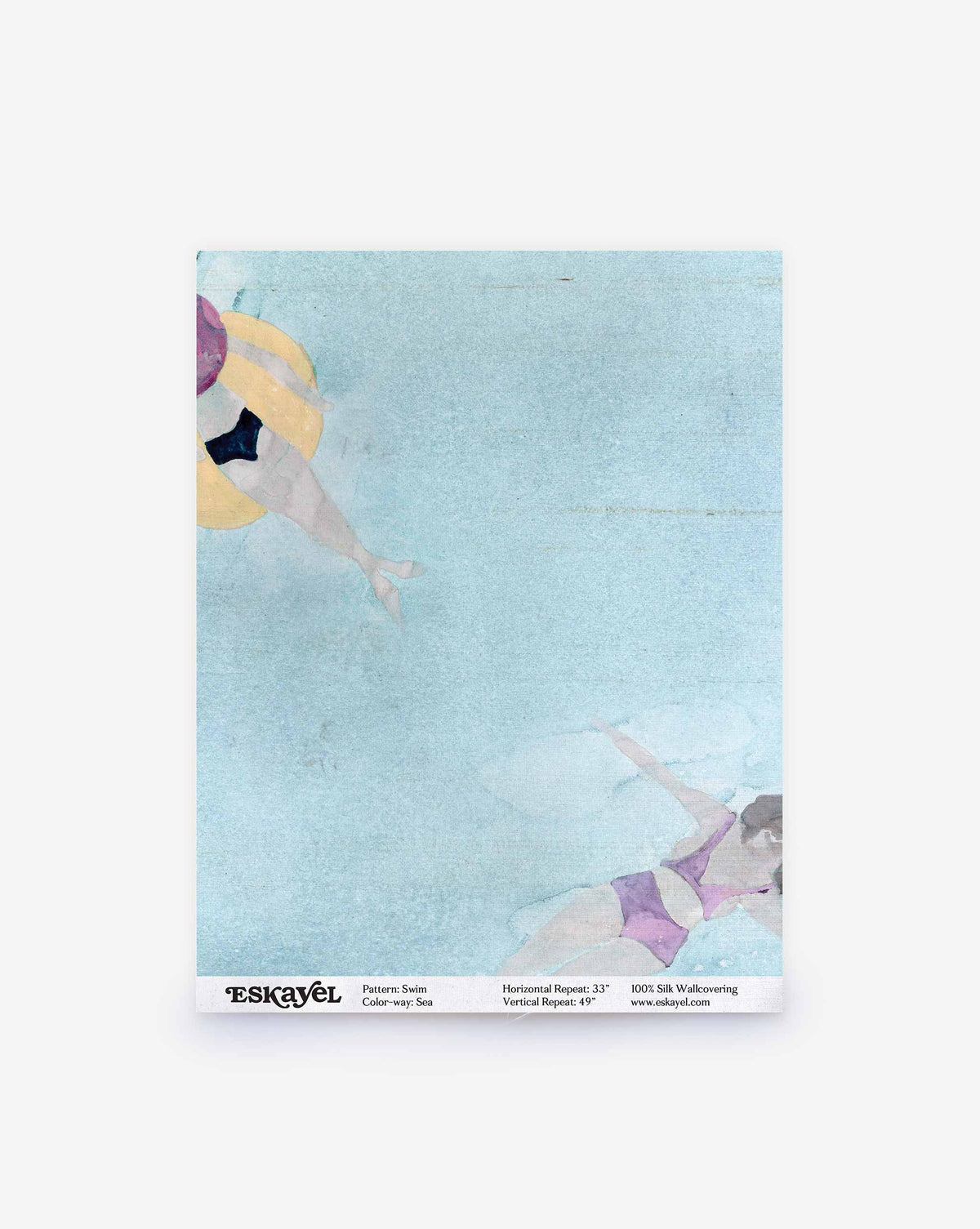 Watercolor painting of two people swimming in a light blue sea with a yellow inner tube, featured in the Swim Silk Wallcovering Sea, ideal for whimsical coastal wallpaper.