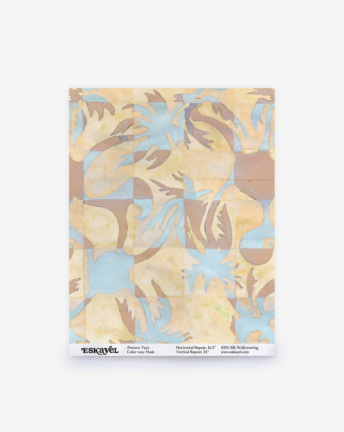 A Yaya Silk Sample in Husk, featuring a patterned print of stylized, overlapping botanical shapes in muted blue, brown, and tan.