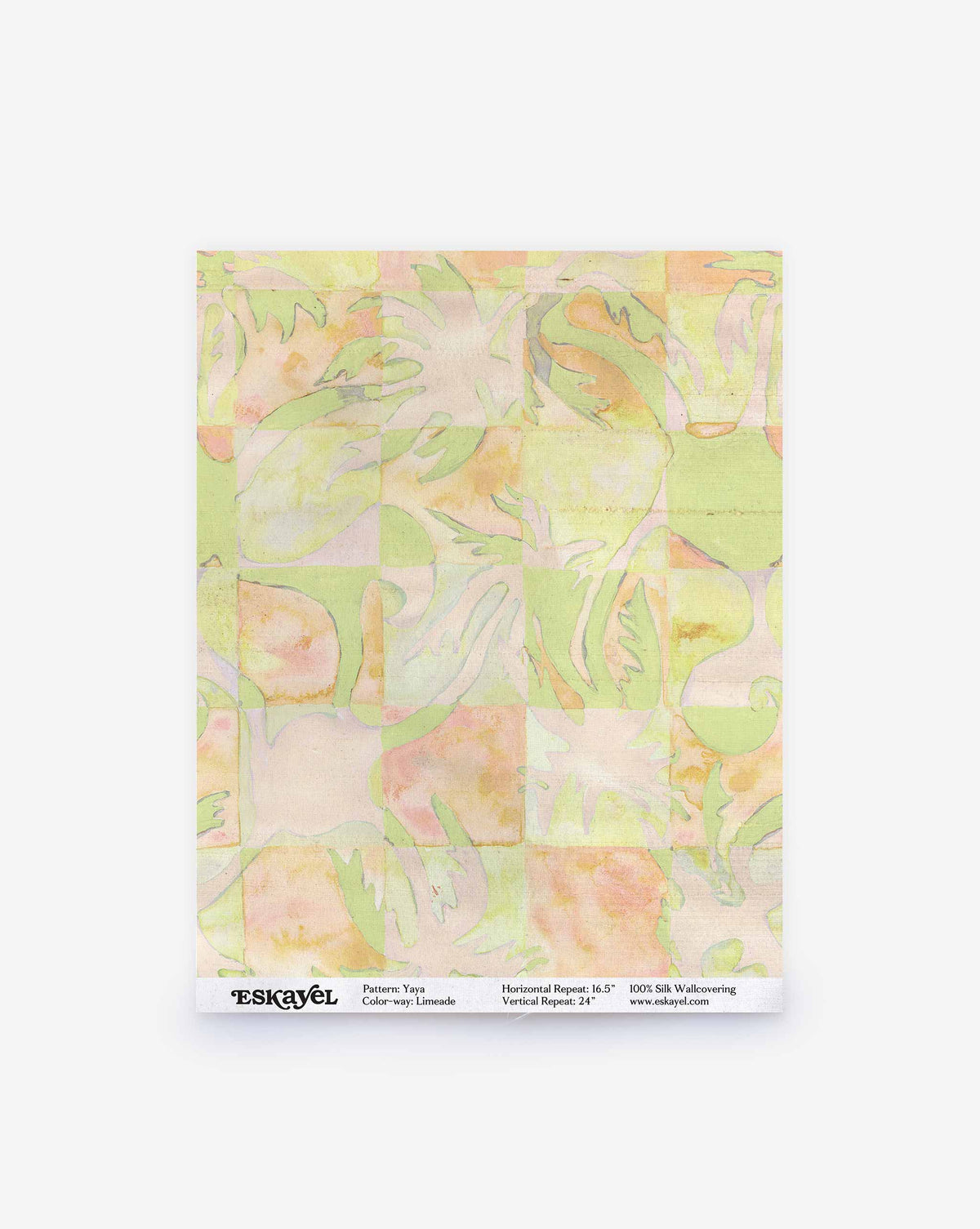 Yaya Silk Wallcovering in Limeade featuring a grid pattern of abstract, watercolor-style leaf shapes in lime green, peach, and cream.