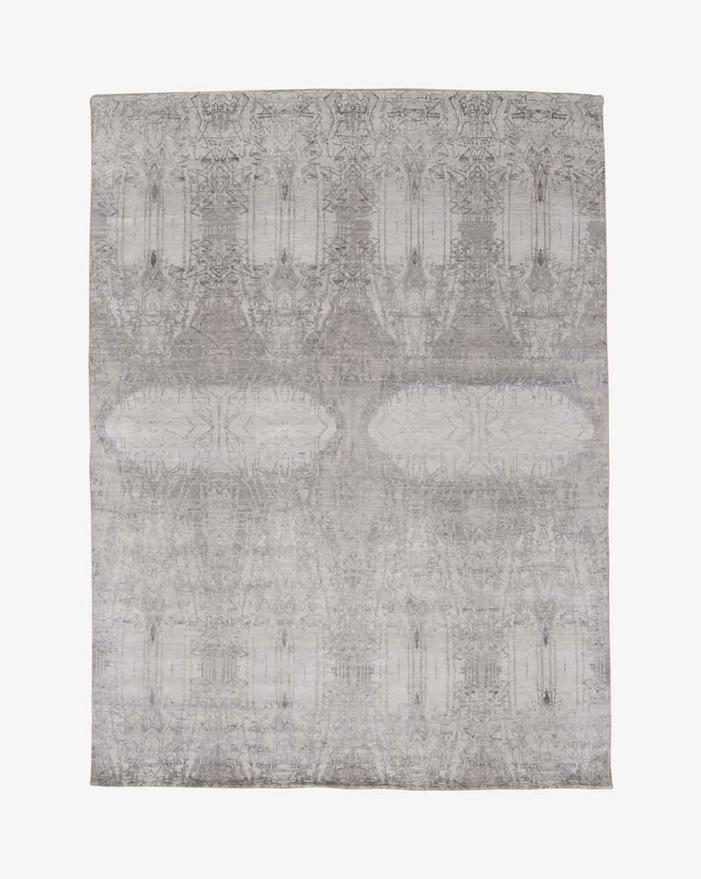 A Akimbo 1 Persian Knot Rug 10' x 14' Greyscale with an abstract geometric design on it