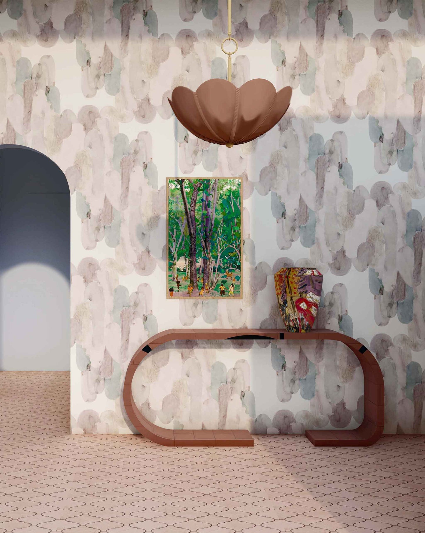 A room with a table and an Arcos Wallpaper Dusk on the wall suited for tropical climates