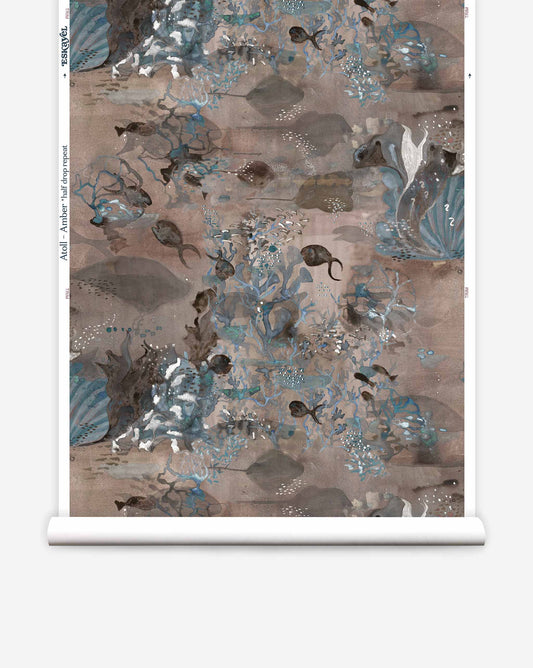 The oceanic Atoll pattern is a luxury clay-coated wallpaper from Eskayel. The Amber colorway features brown hues.