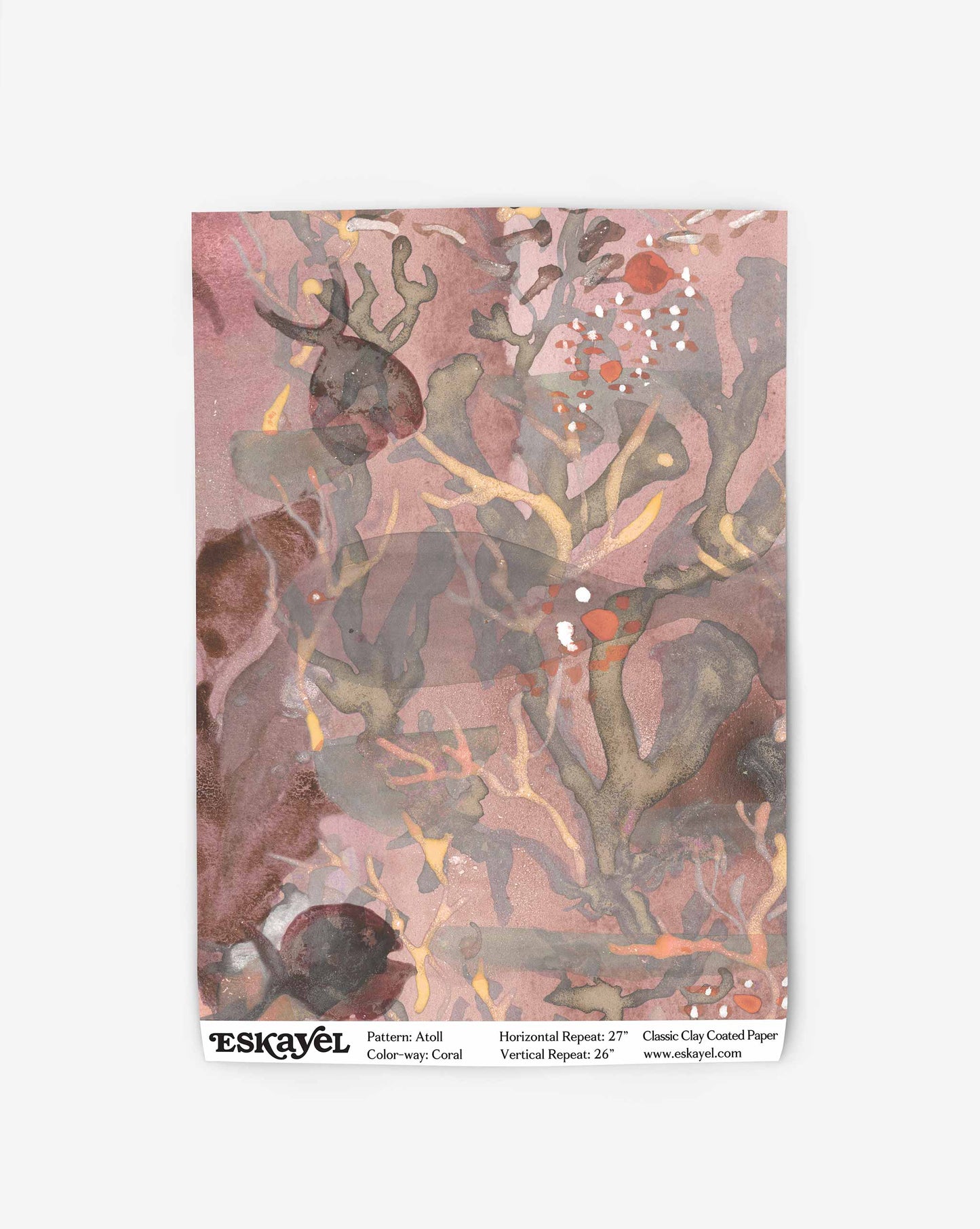 Explore the intricate details of the Atoll Wallpaper Sample in Coral, featuring an abstract watercolor design with organic shapes in muted tones of pink, brown, and green. Order your sample today to experience it for yourself.