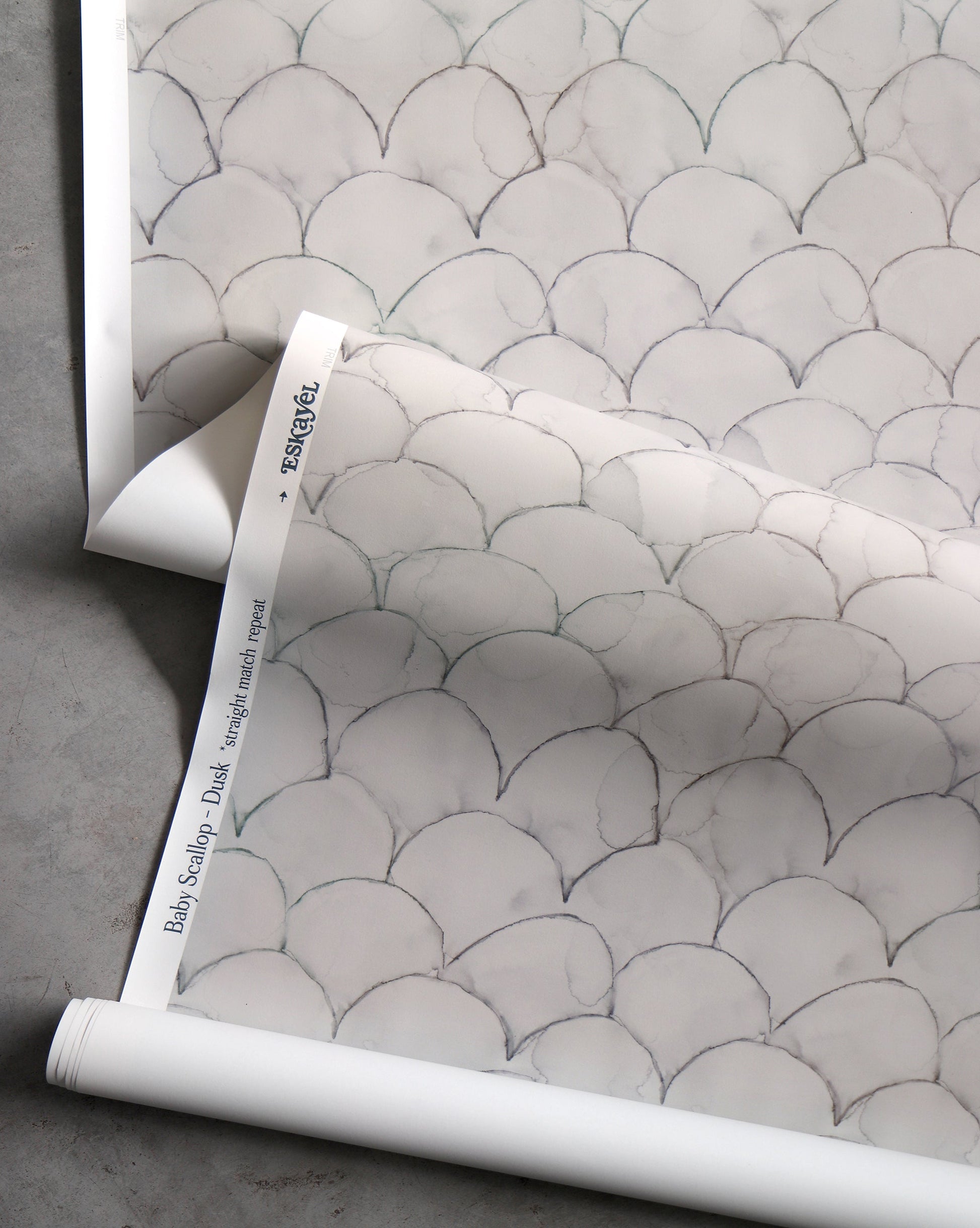A roll of Baby Scallop Wallpaper Dusk with a pattern of scallops from the Baby Scallops collection