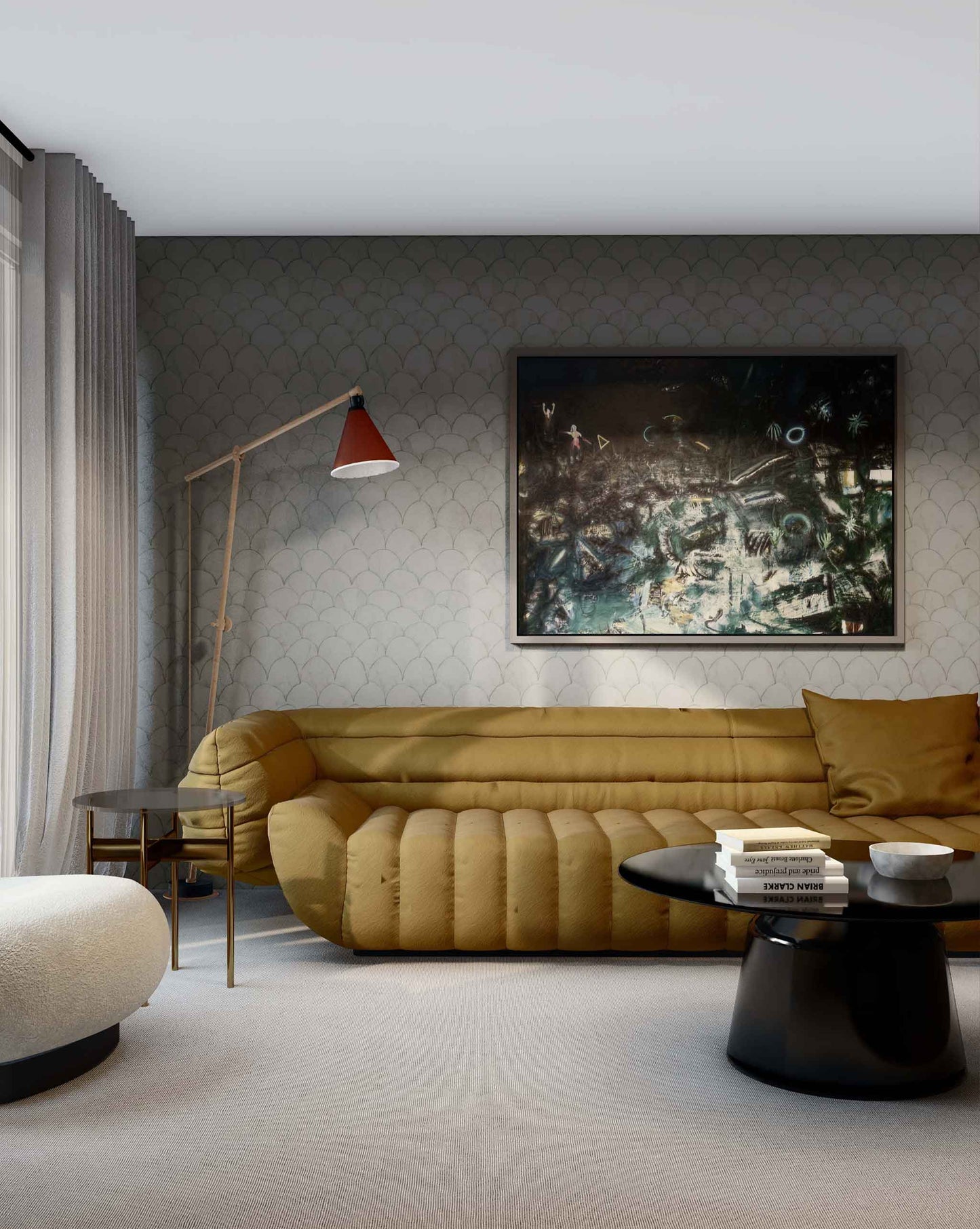A living room with a beige couch and Baby Scallop Wallpaper Sage featuring natural patterns