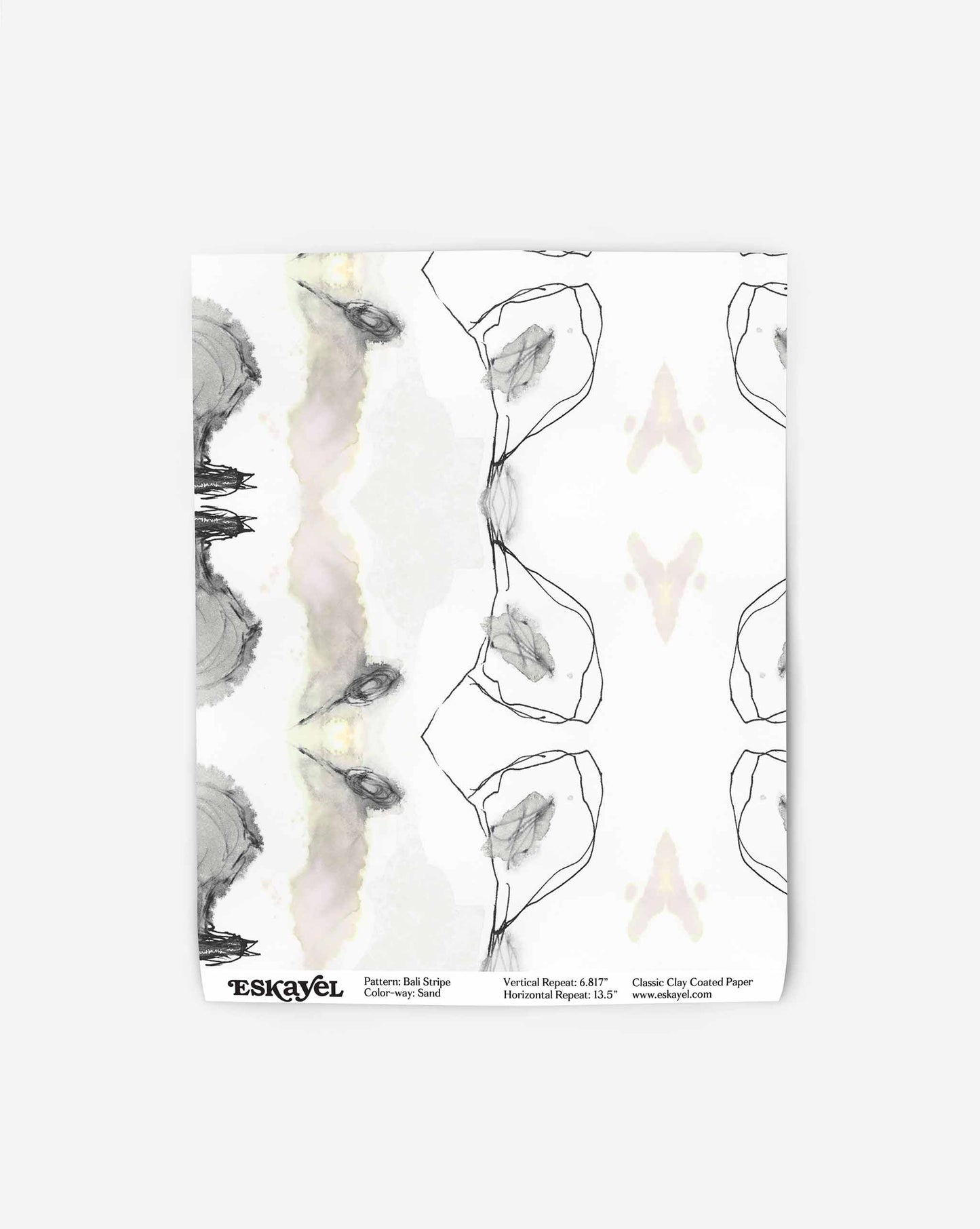 Abstract black and pale pink ink drawings with mirrored symmetry, titled "Pattern Roll Stripe" by Eskayel. This high-end Bali Stripe Wallpaper||Sand offers a horizontal repeat of 12.5" and a vertical repeat of 6.375", printed on Classic Clay Coated Paper, similar to their renowned Bali Stripe collection.