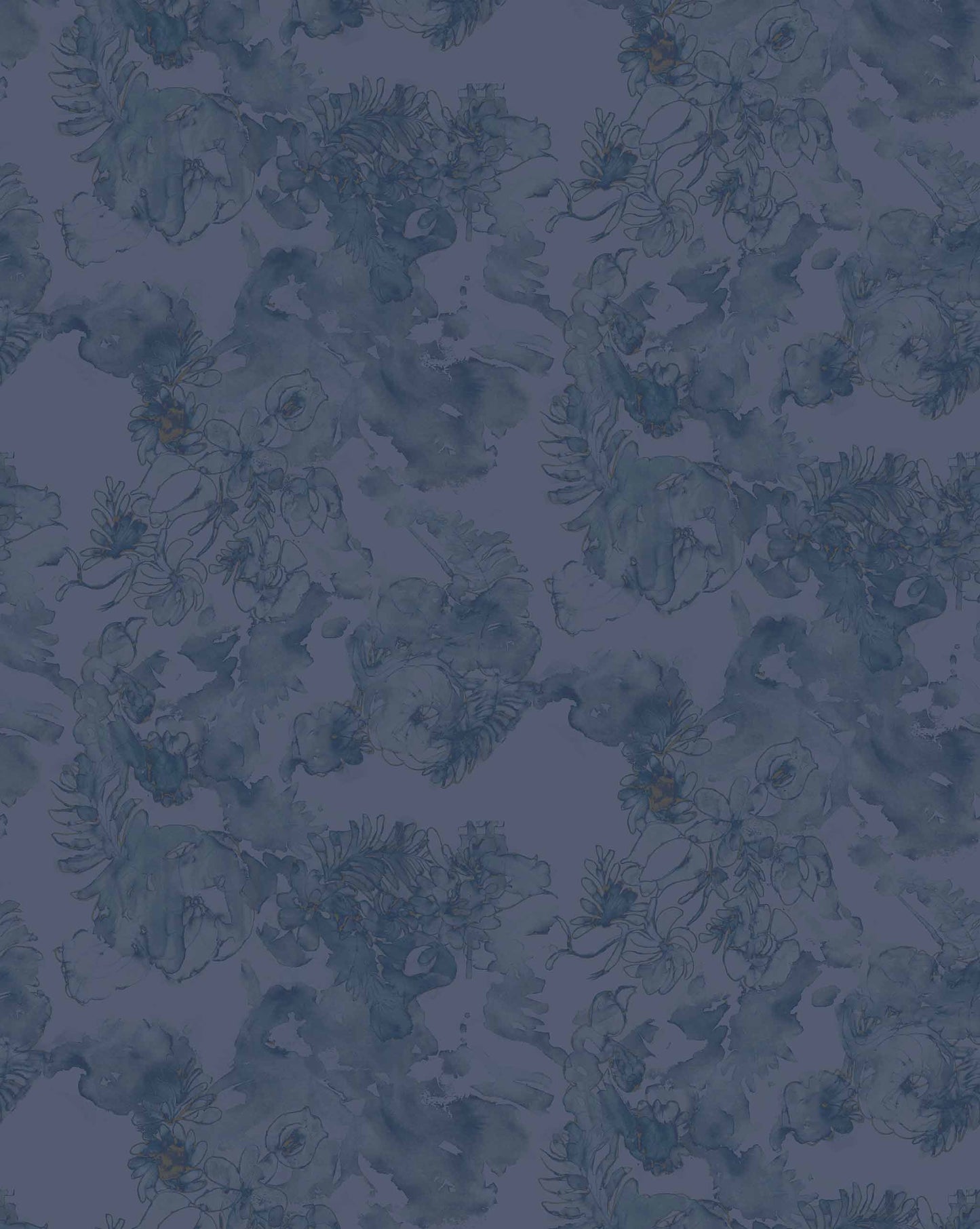 Repeating pattern of abstract, floral-like Belize Blooms Wallpaper Mural||Night Fog blots on a dark blue background, creating a textured, artistic design on luxury fabric.