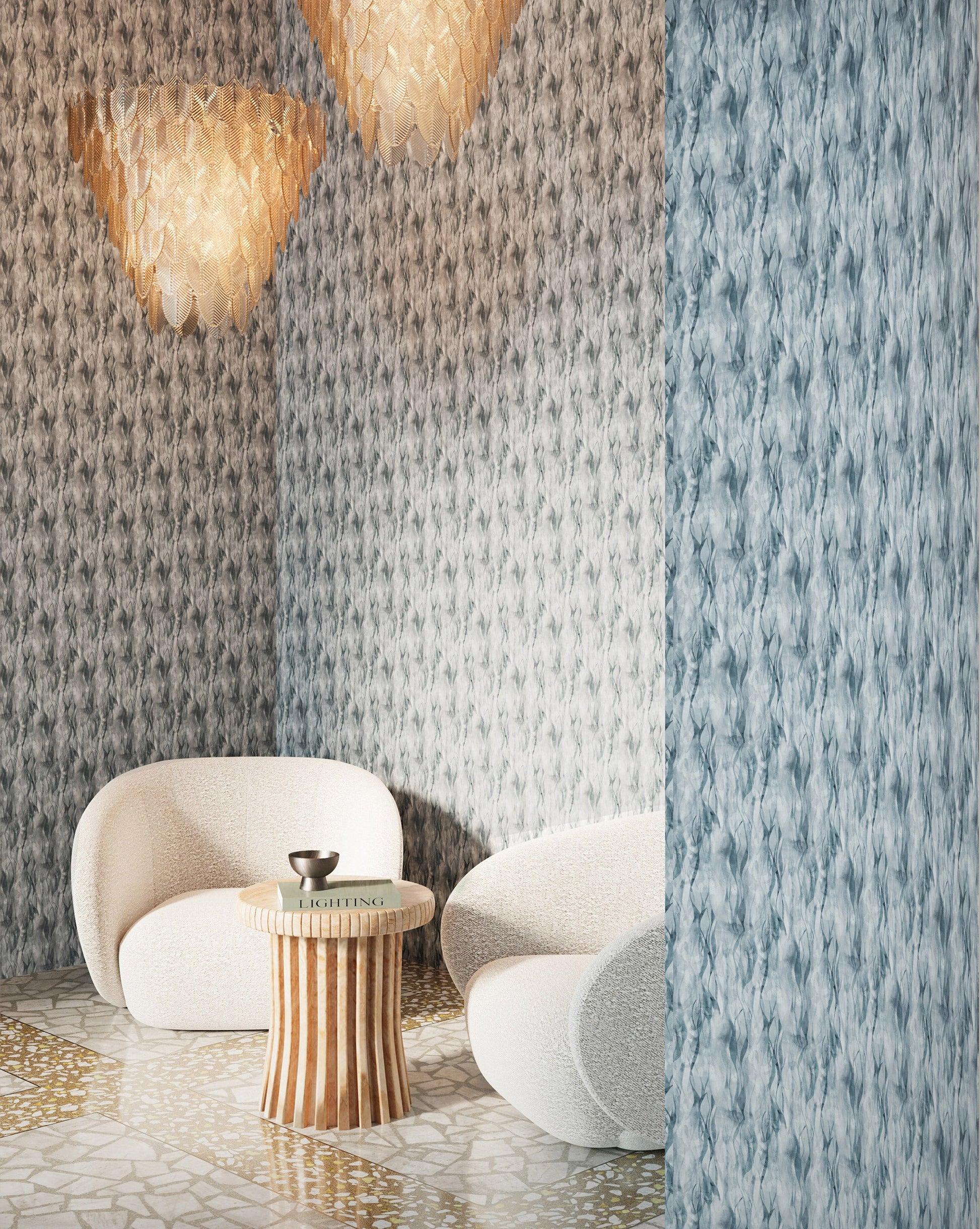 Eskayel's Cascade Lapis wallpaper in blue shades installed in a sitting room.