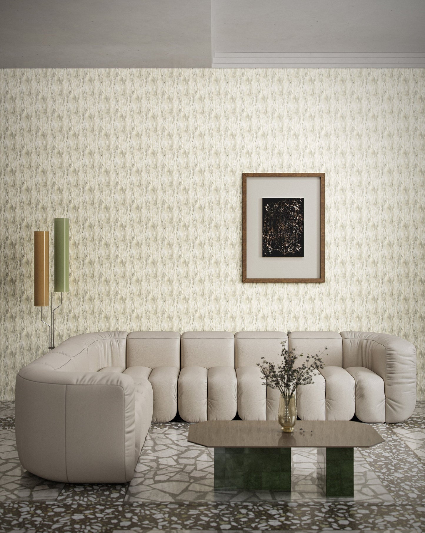 Eskayel's Cascade Pearl wallpaper in yellow shades installed in a living room.