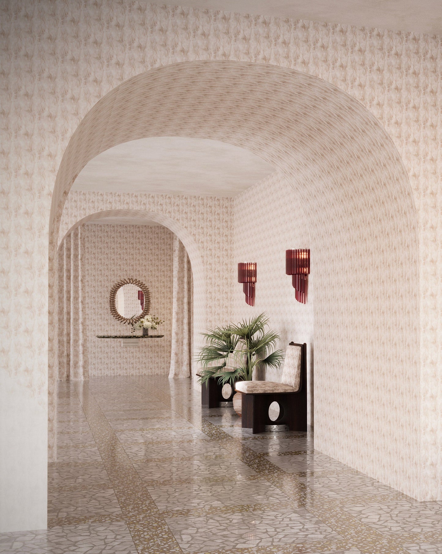 Eskayel's Cascade Quartz wallpaper in pink and beige shades installed in a hallway.