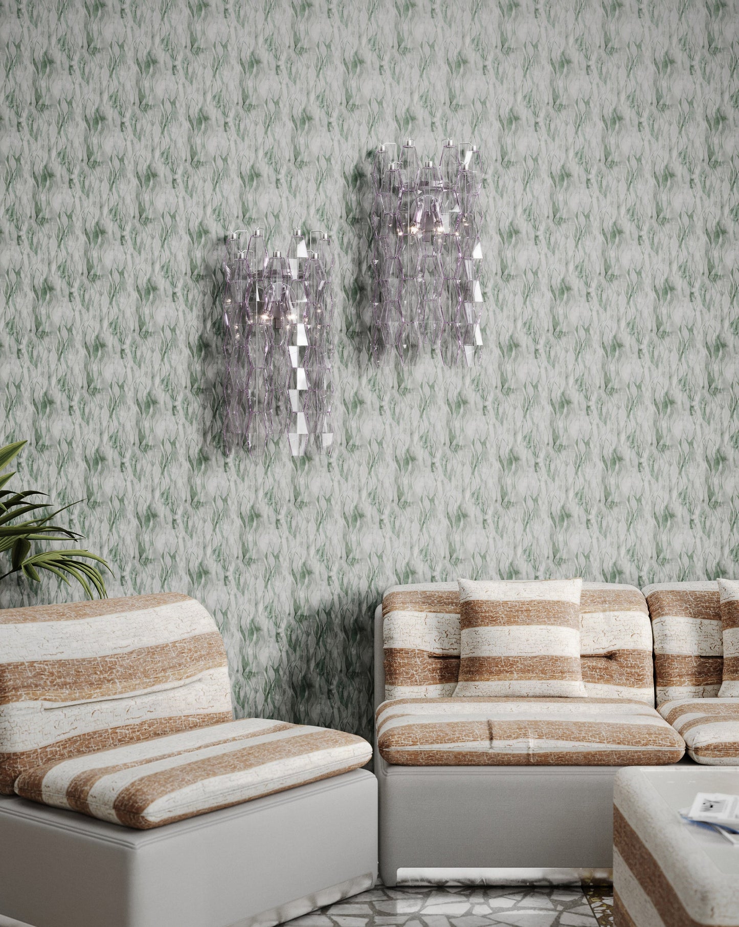 Eskayel's Cascade Tourmaline wallpaper in green shades installed in a living room.